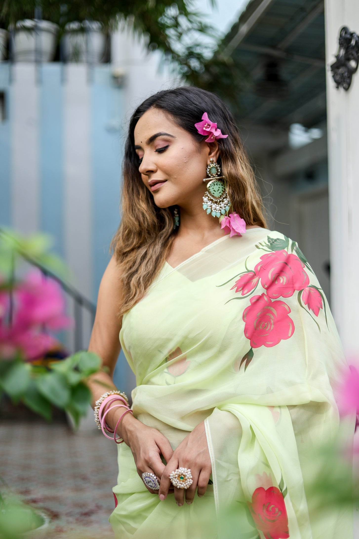 Delicate Green Silk Organza Handpainted Saree Floral