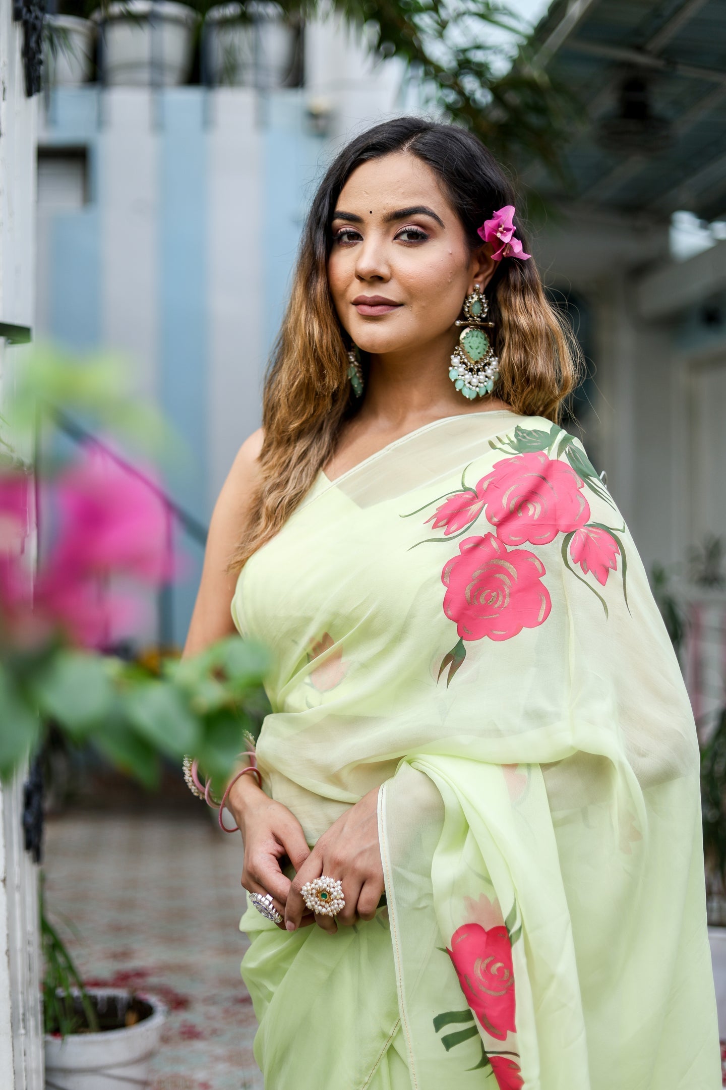 Delicate Green Silk Organza Handpainted Saree Floral