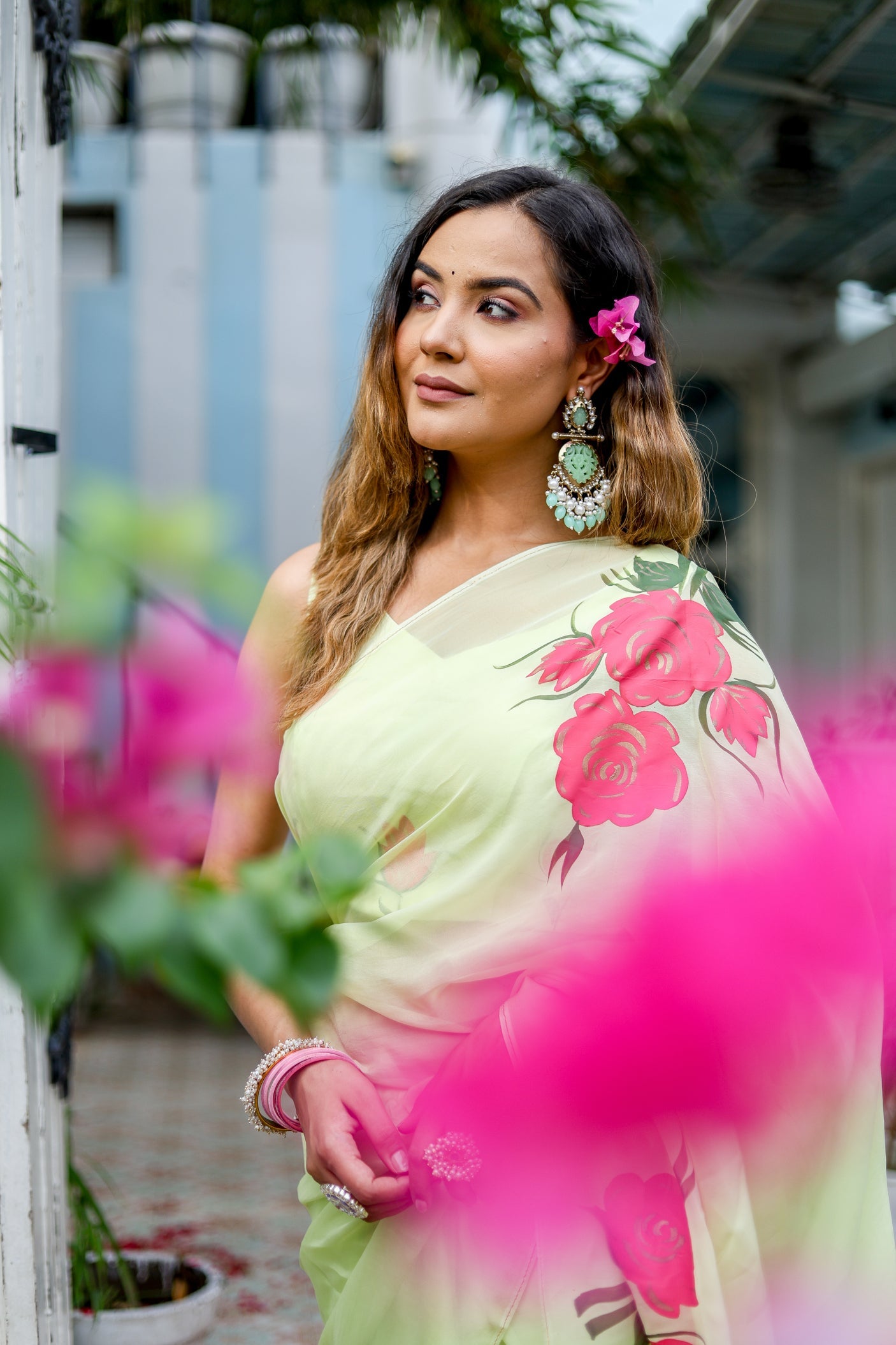 Delicate Green Silk Organza Handpainted Saree Floral
