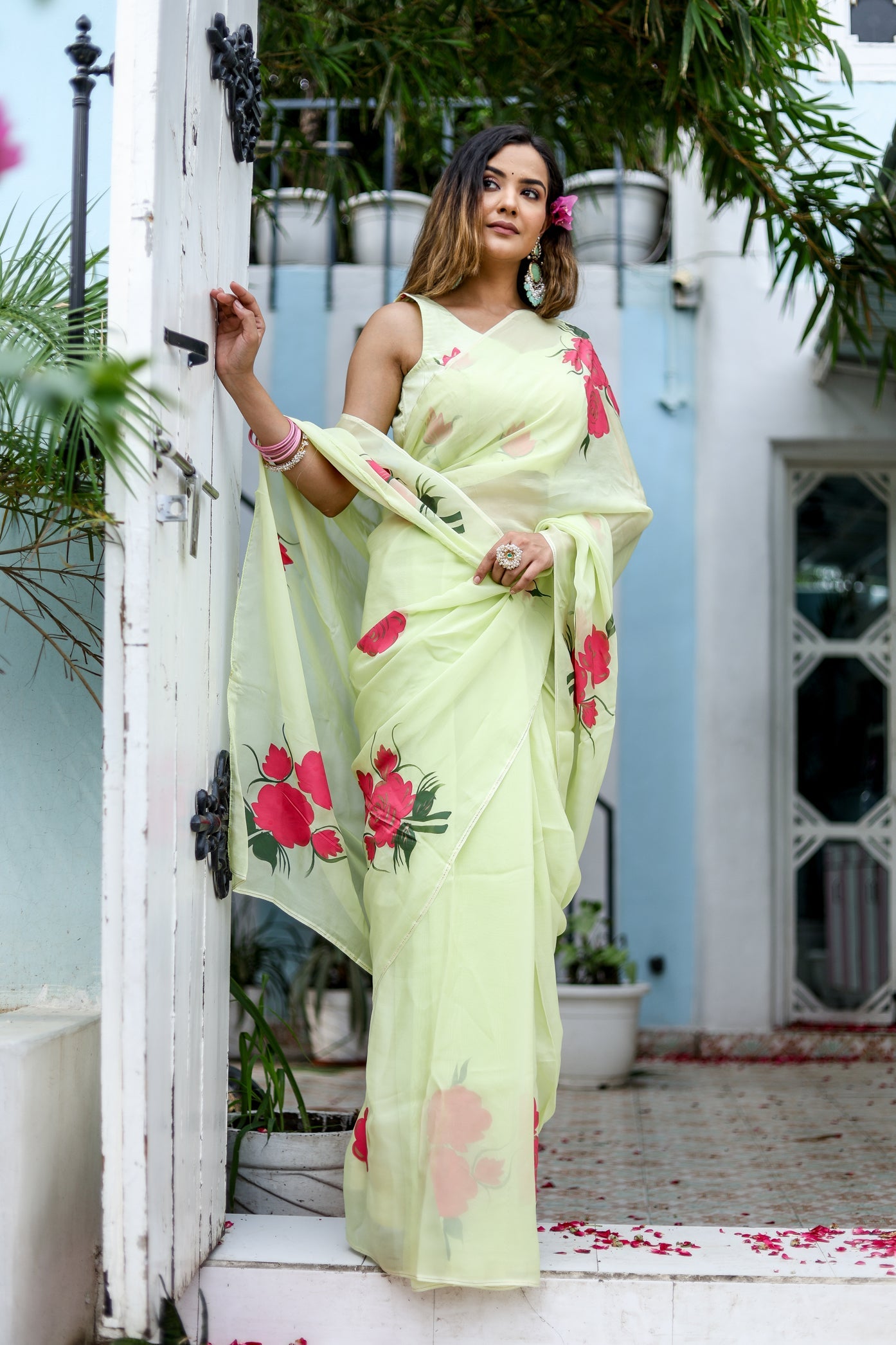 Delicate Green Silk Organza Handpainted Saree Floral