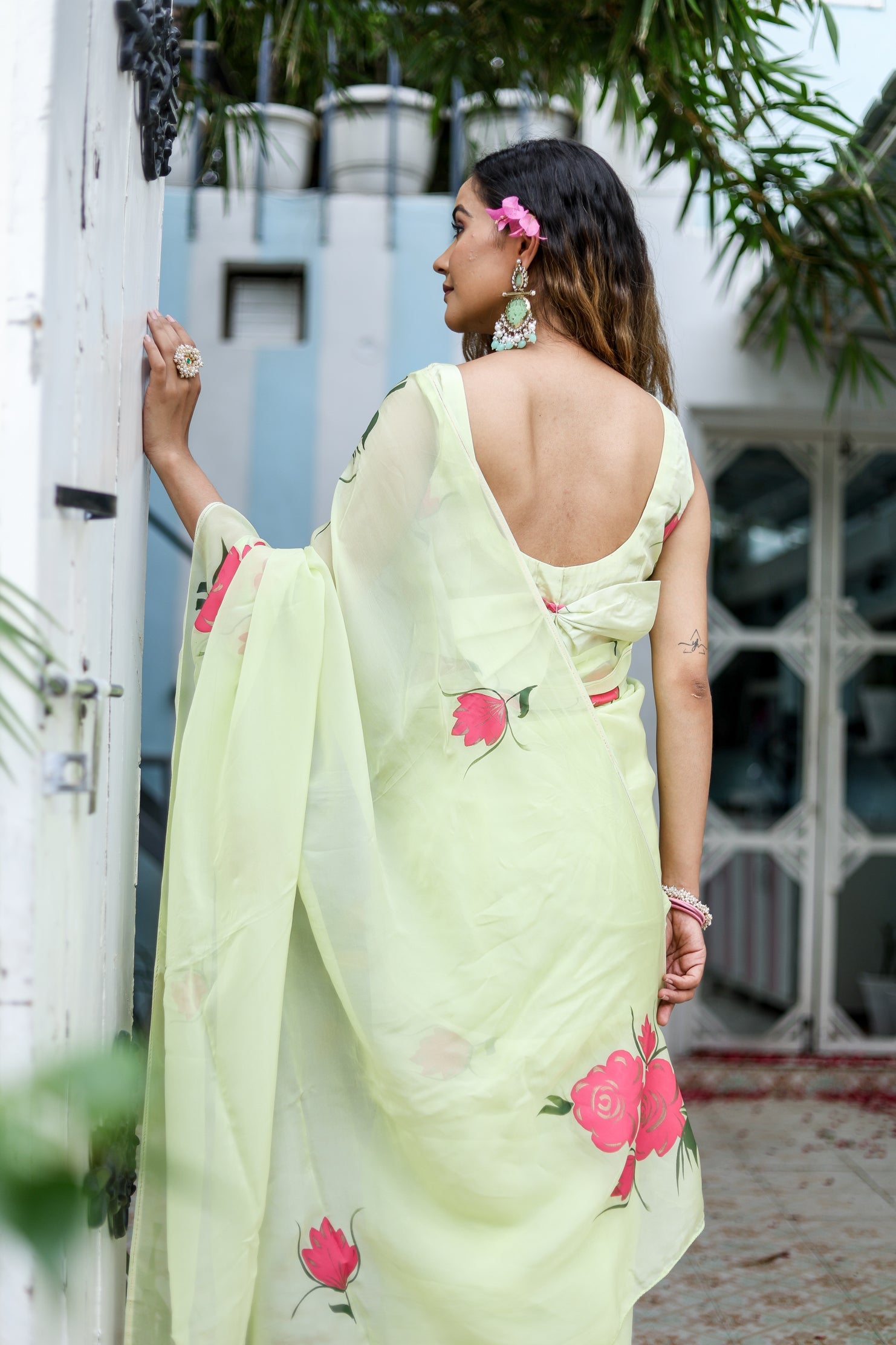 Delicate Green Silk Organza Handpainted Saree Floral