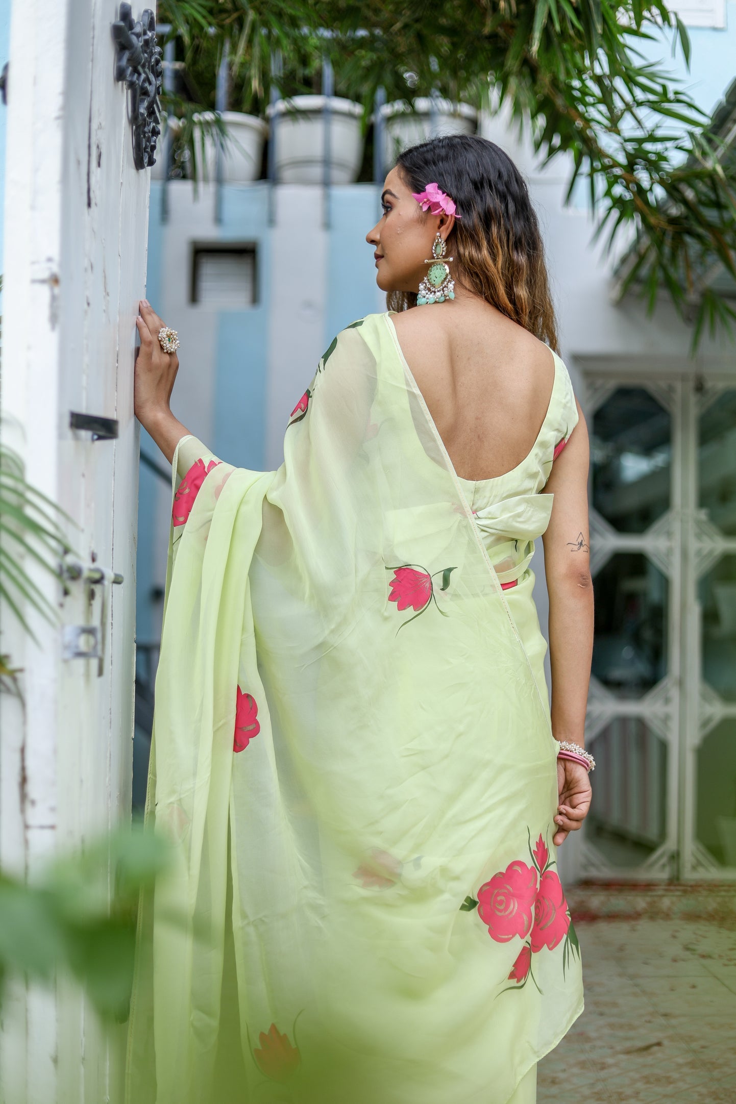 Delicate Green Silk Organza Handpainted Saree Floral