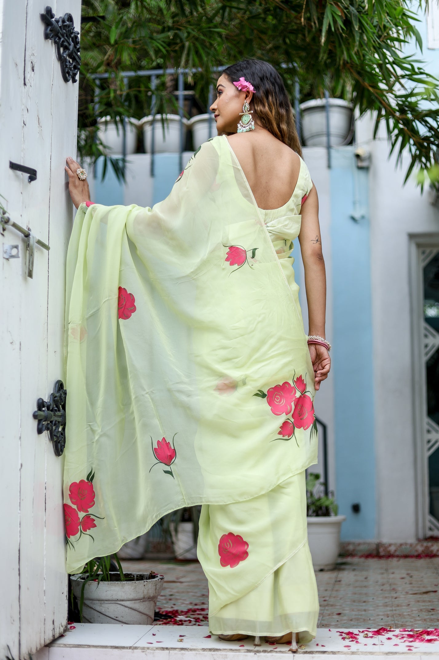 Delicate Green Silk Organza Handpainted Saree Floral