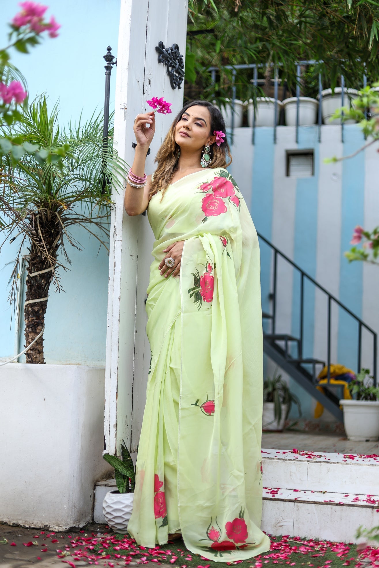 Delicate Green Silk Organza Handpainted Saree Floral