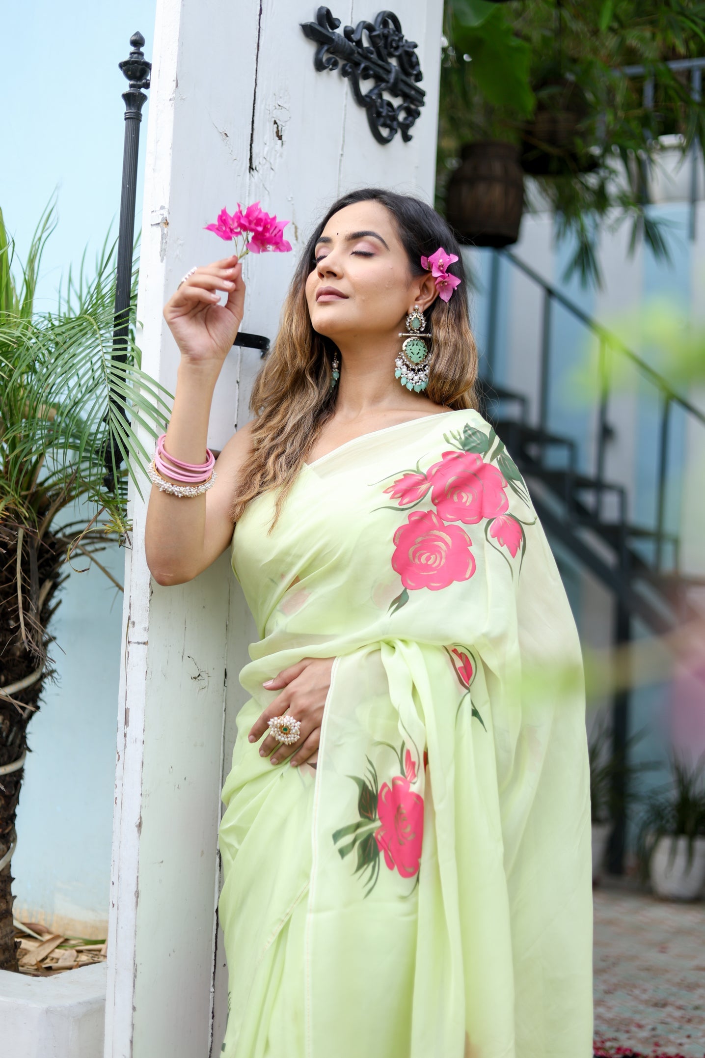 Delicate Green Silk Organza Handpainted Saree Floral