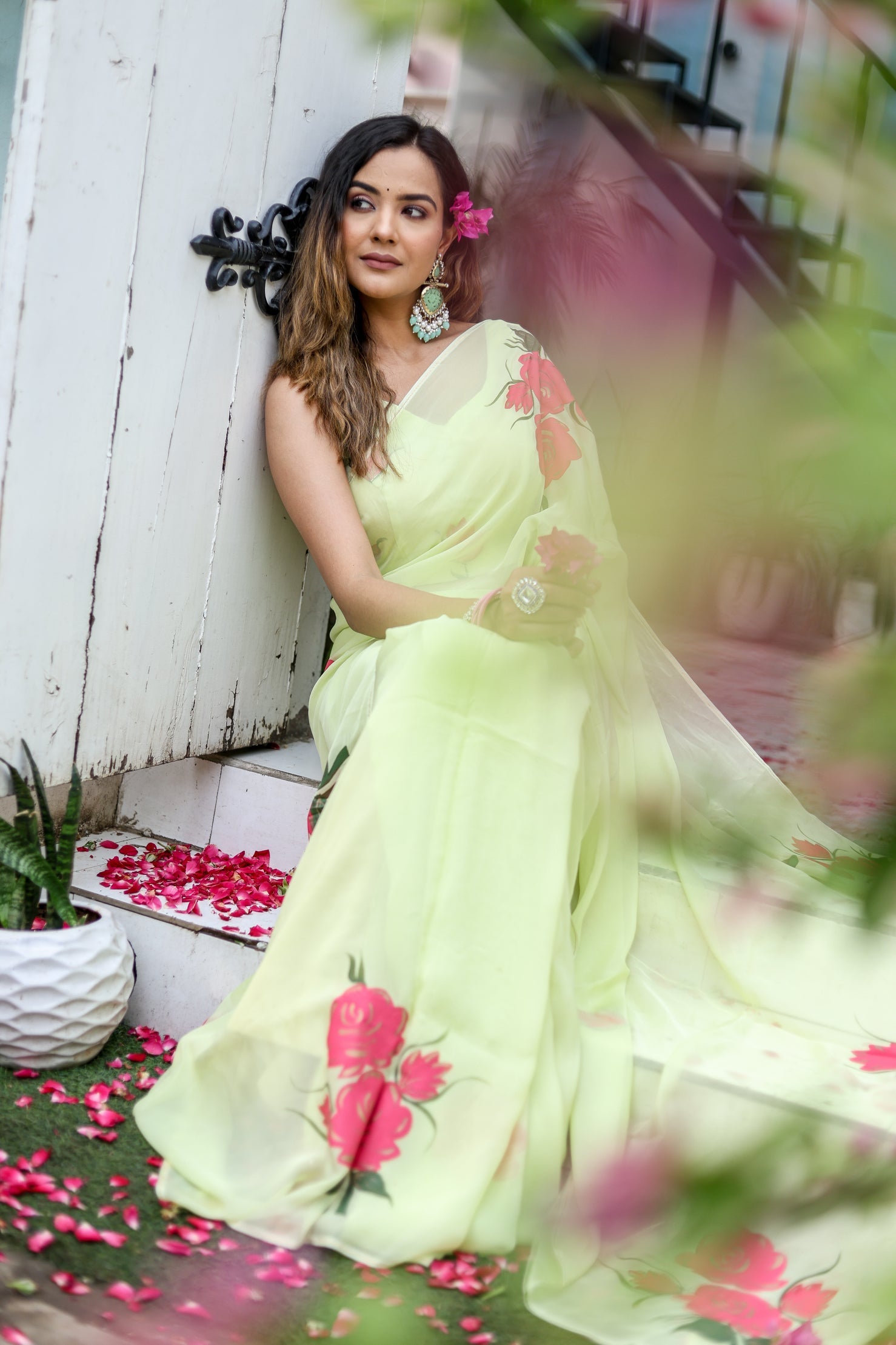 Delicate Green Silk Organza Handpainted Saree Floral