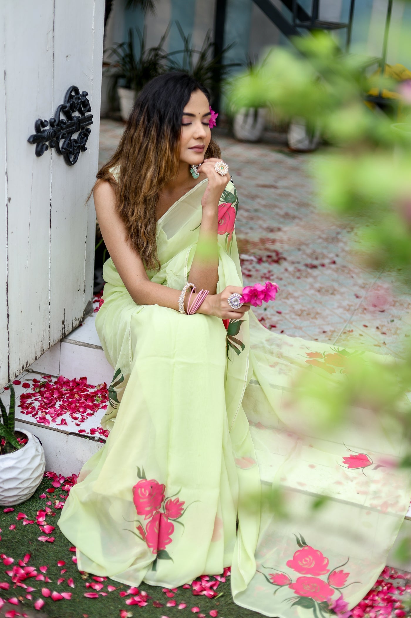 Delicate Green Silk Organza Handpainted Saree Floral