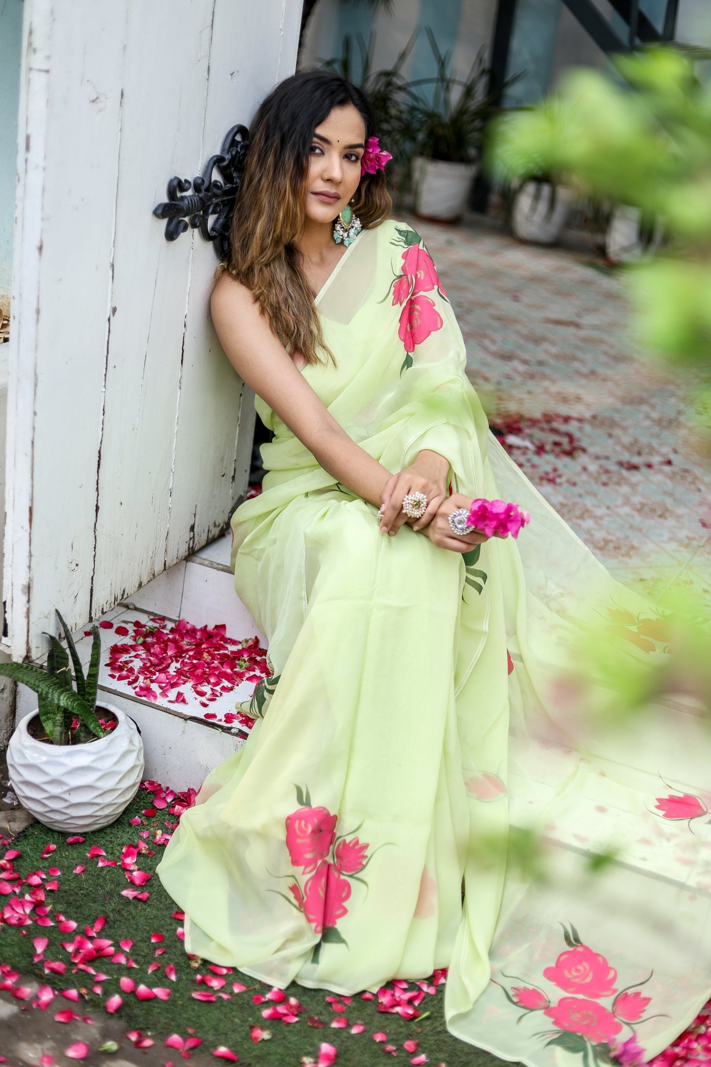 Delicate Green Silk Organza Handpainted Saree Floral