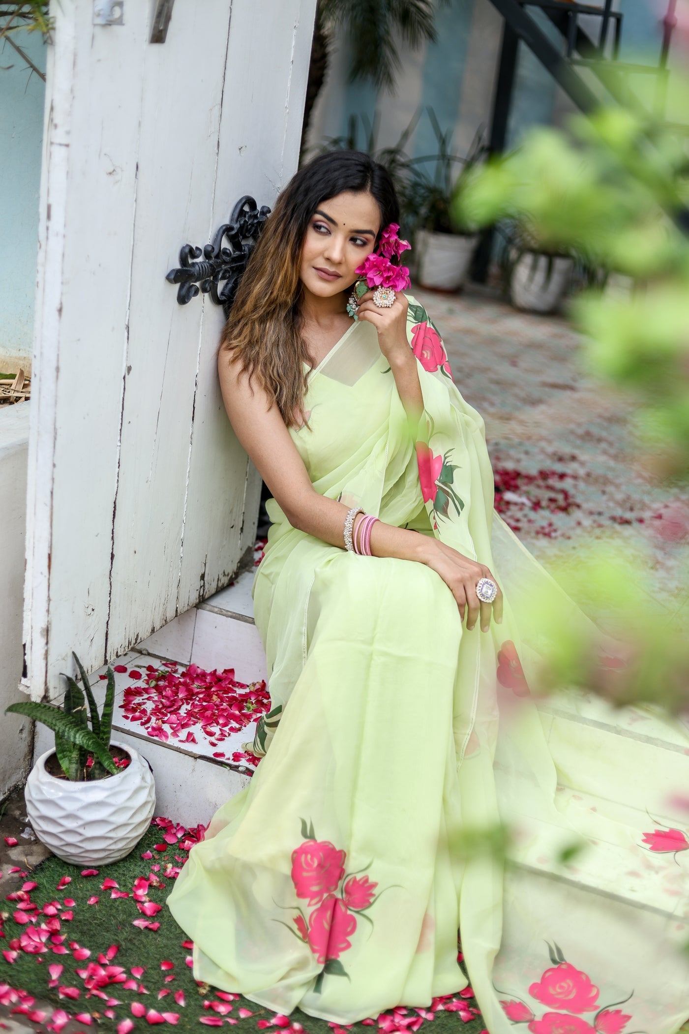 Delicate Green Silk Organza Handpainted Saree Floral