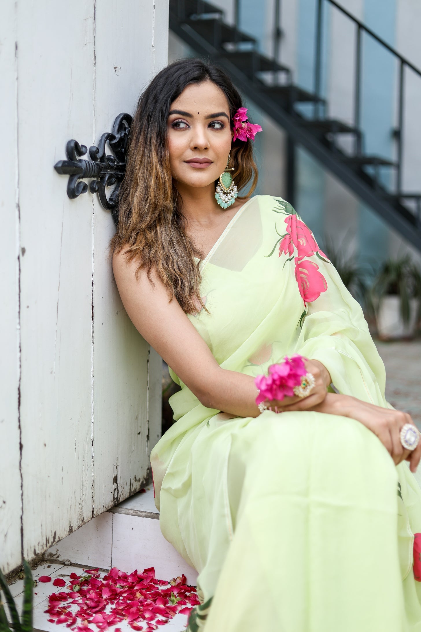 Delicate Green Silk Organza Handpainted Saree Floral