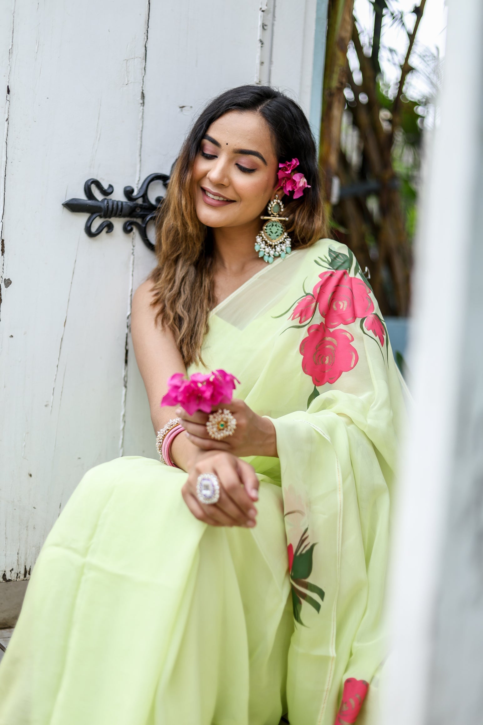 Delicate Green Silk Organza Handpainted Saree Floral