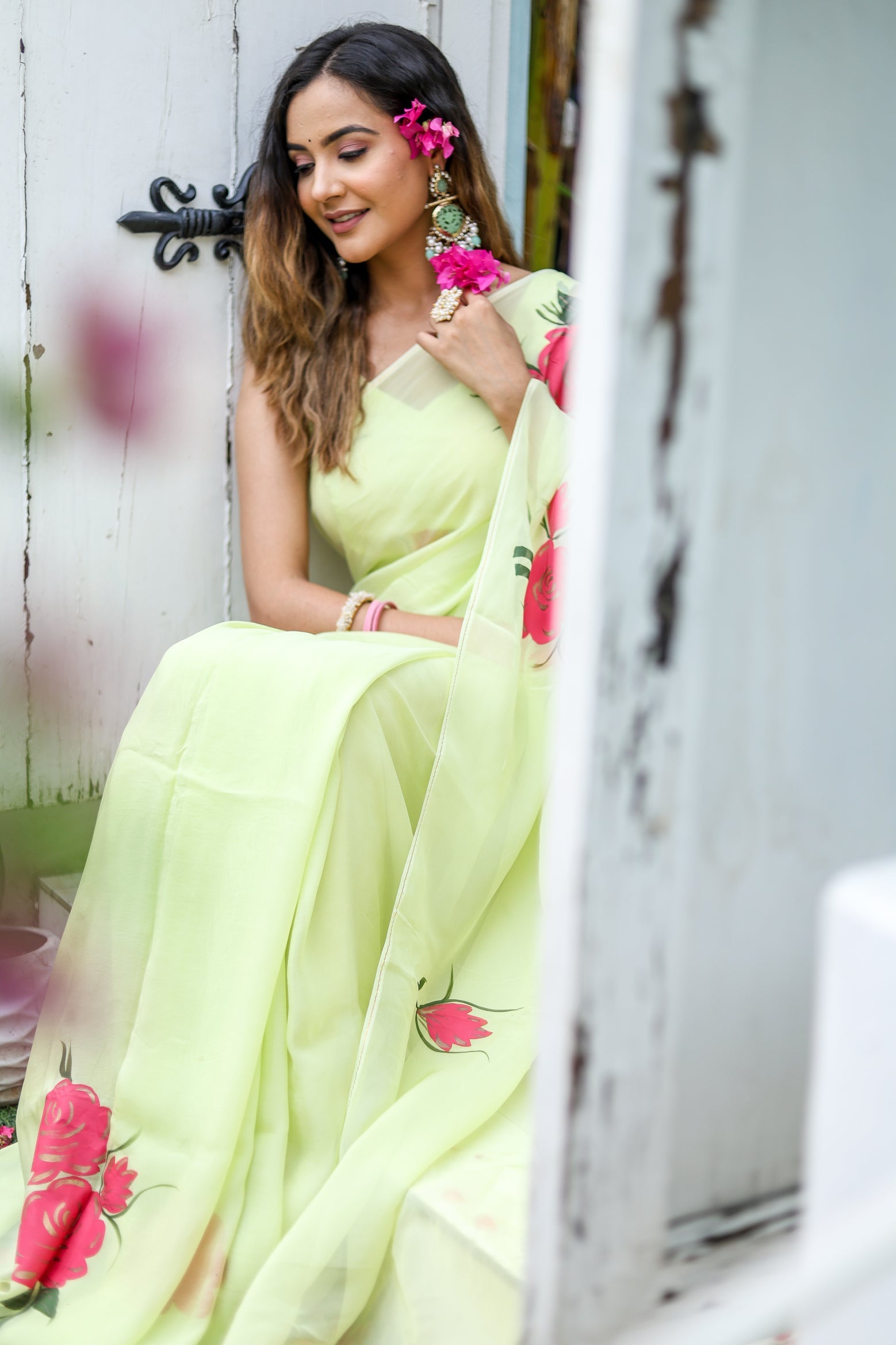 Delicate Green Silk Organza Handpainted Saree Floral