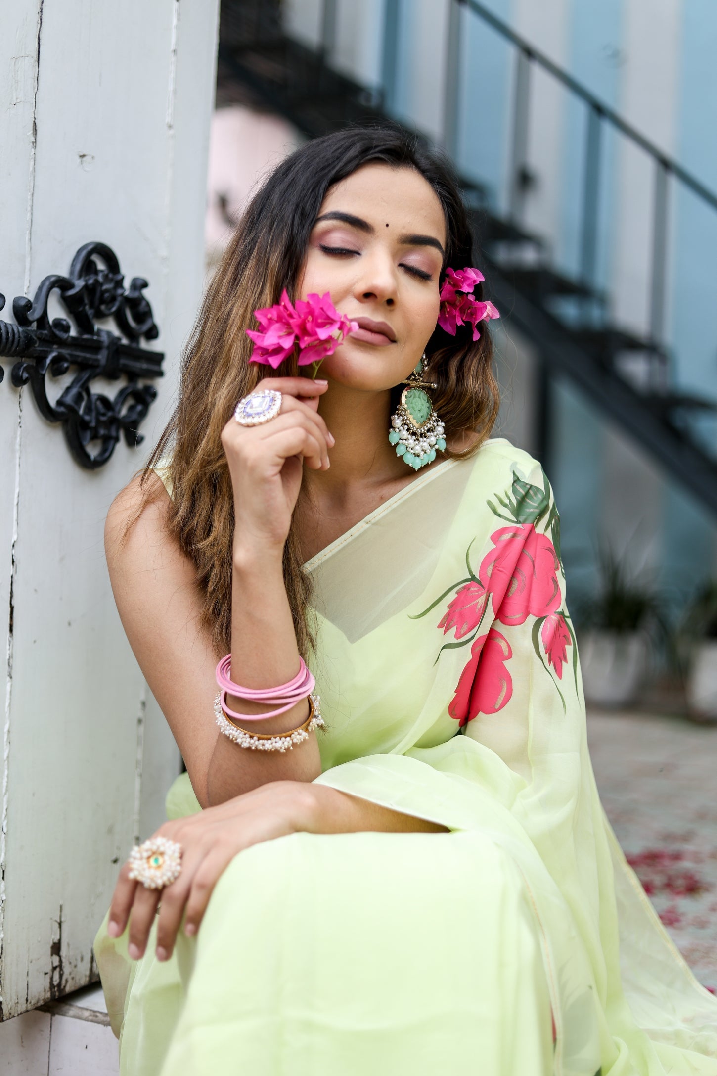 Delicate Green Silk Organza Handpainted Saree Floral