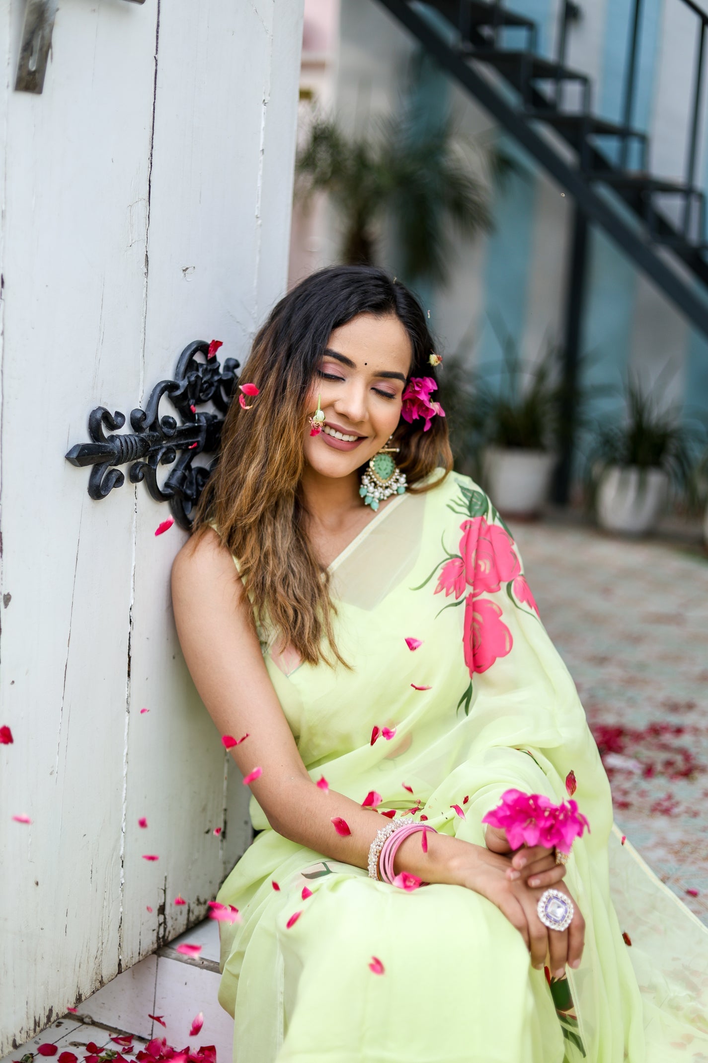 Delicate Green Silk Organza Handpainted Saree Floral