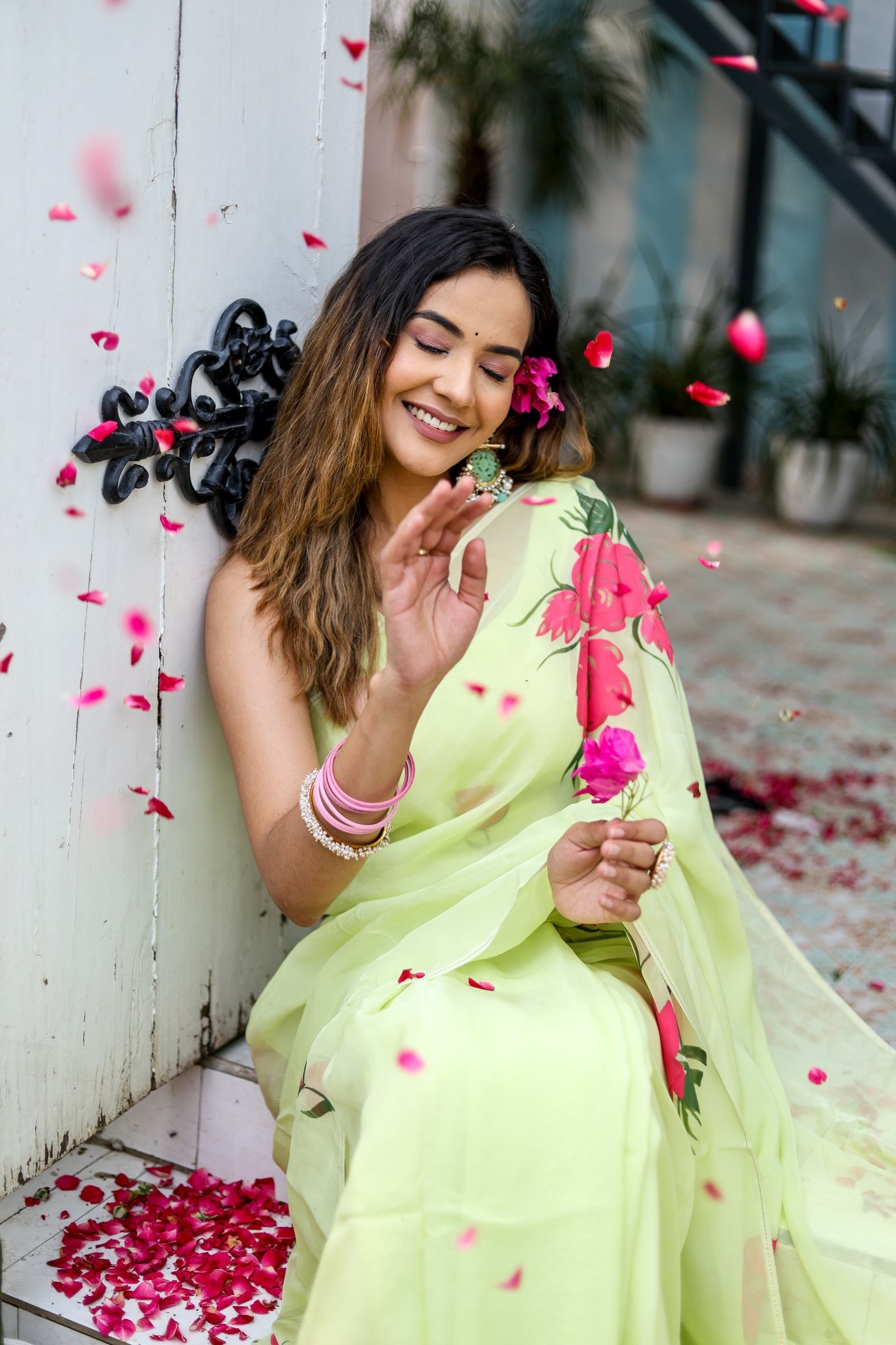 Delicate Green Silk Organza Handpainted Saree Floral