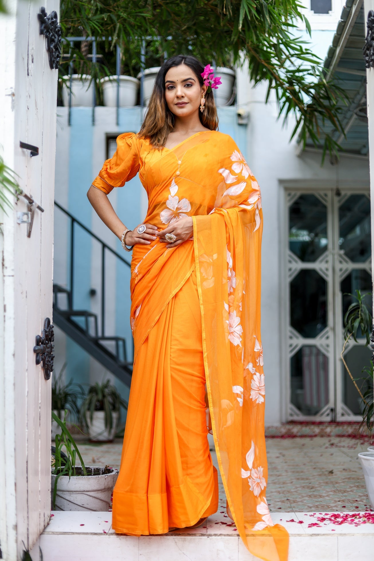 Saffron Sunset Orange Floral Handpainted Chiffon Saree - Festive Clothes
