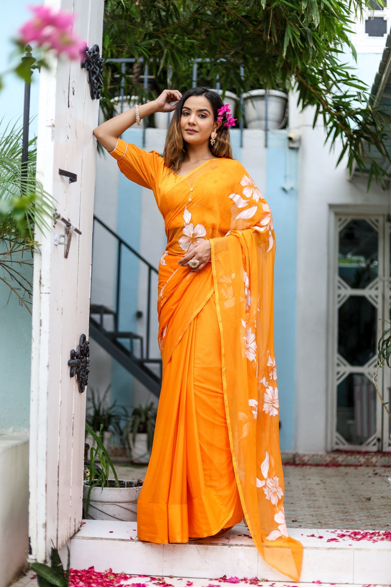 Saffron Sunset Orange Floral Handpainted Chiffon Saree - Festive Clothes