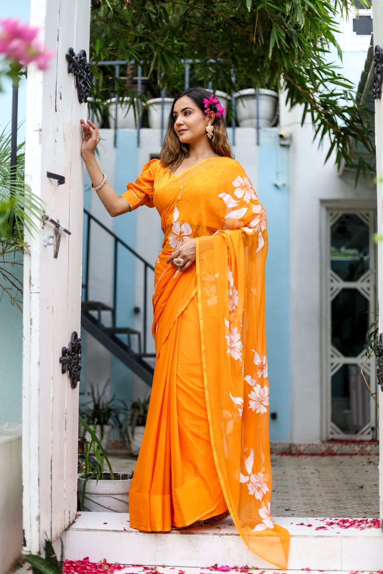 Saffron Sunset Orange Floral Handpainted Chiffon Saree - Festive Clothes
