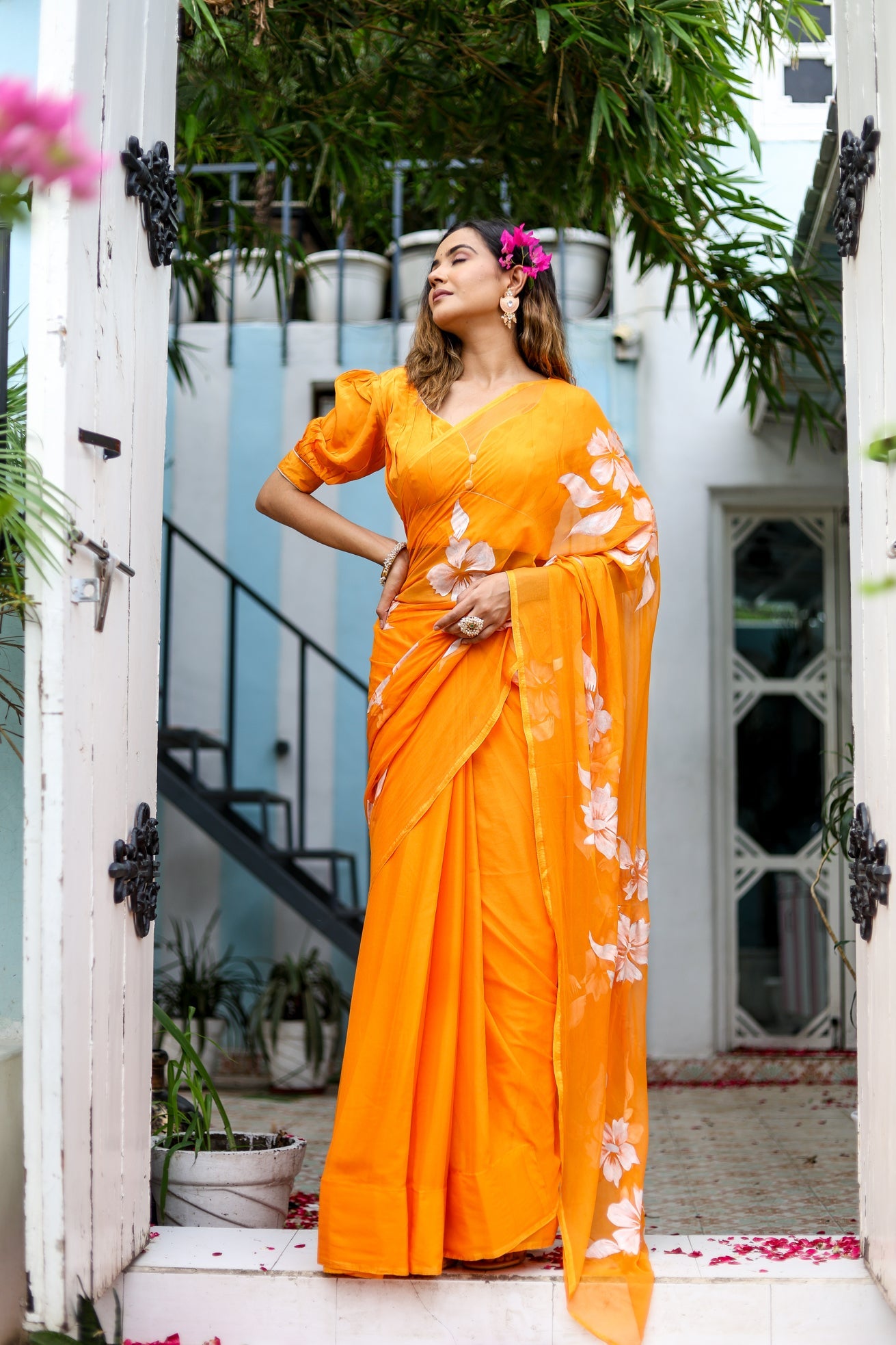 Saffron Sunset Orange Floral Handpainted Chiffon Saree - Festive Clothes