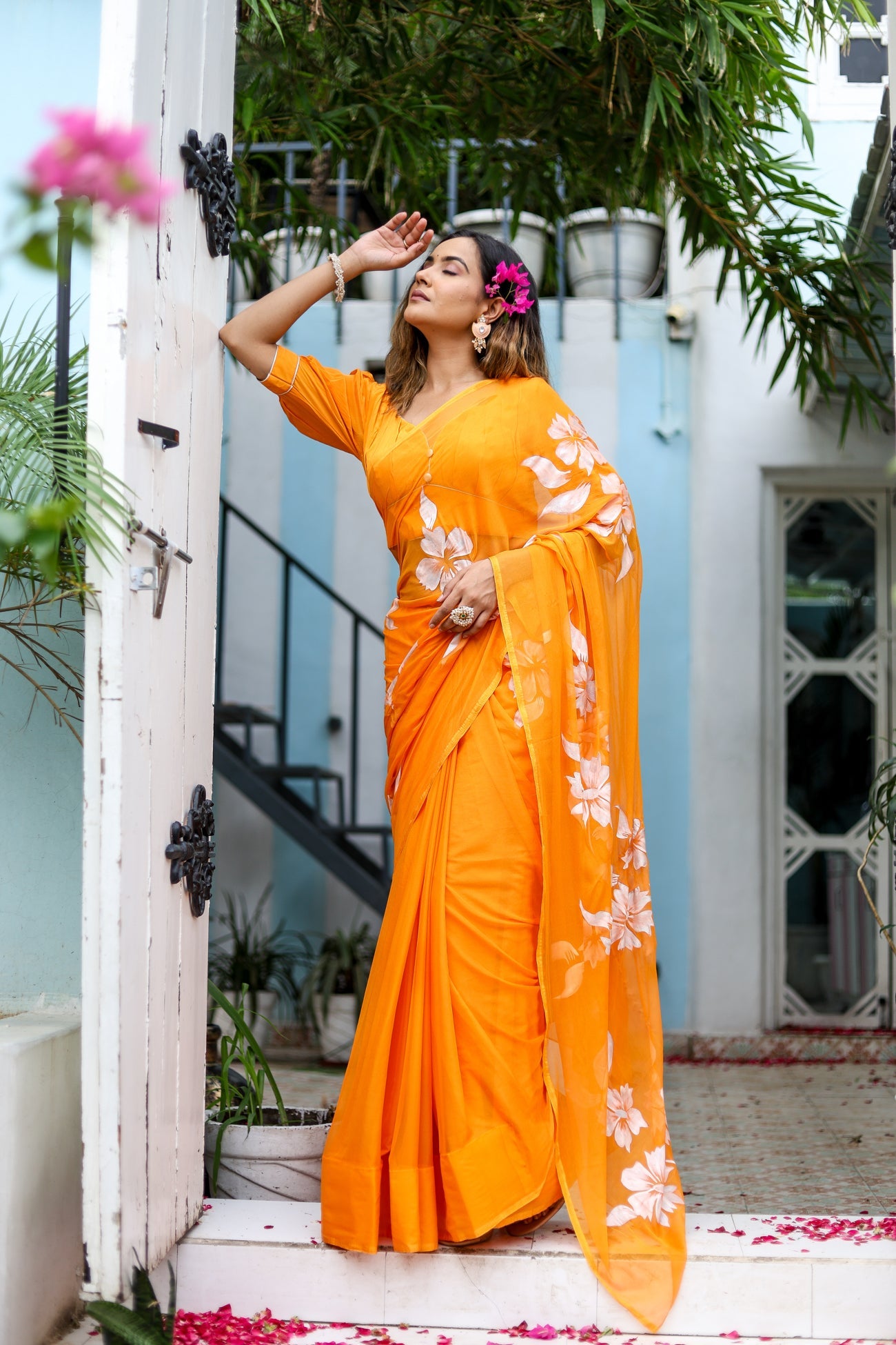 Saffron Sunset Orange Floral Handpainted Chiffon Saree - Festive Clothes