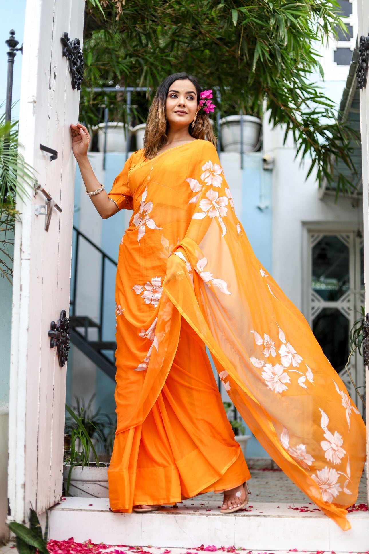 Saffron Sunset Orange Floral Handpainted Chiffon Saree - Festive Clothes