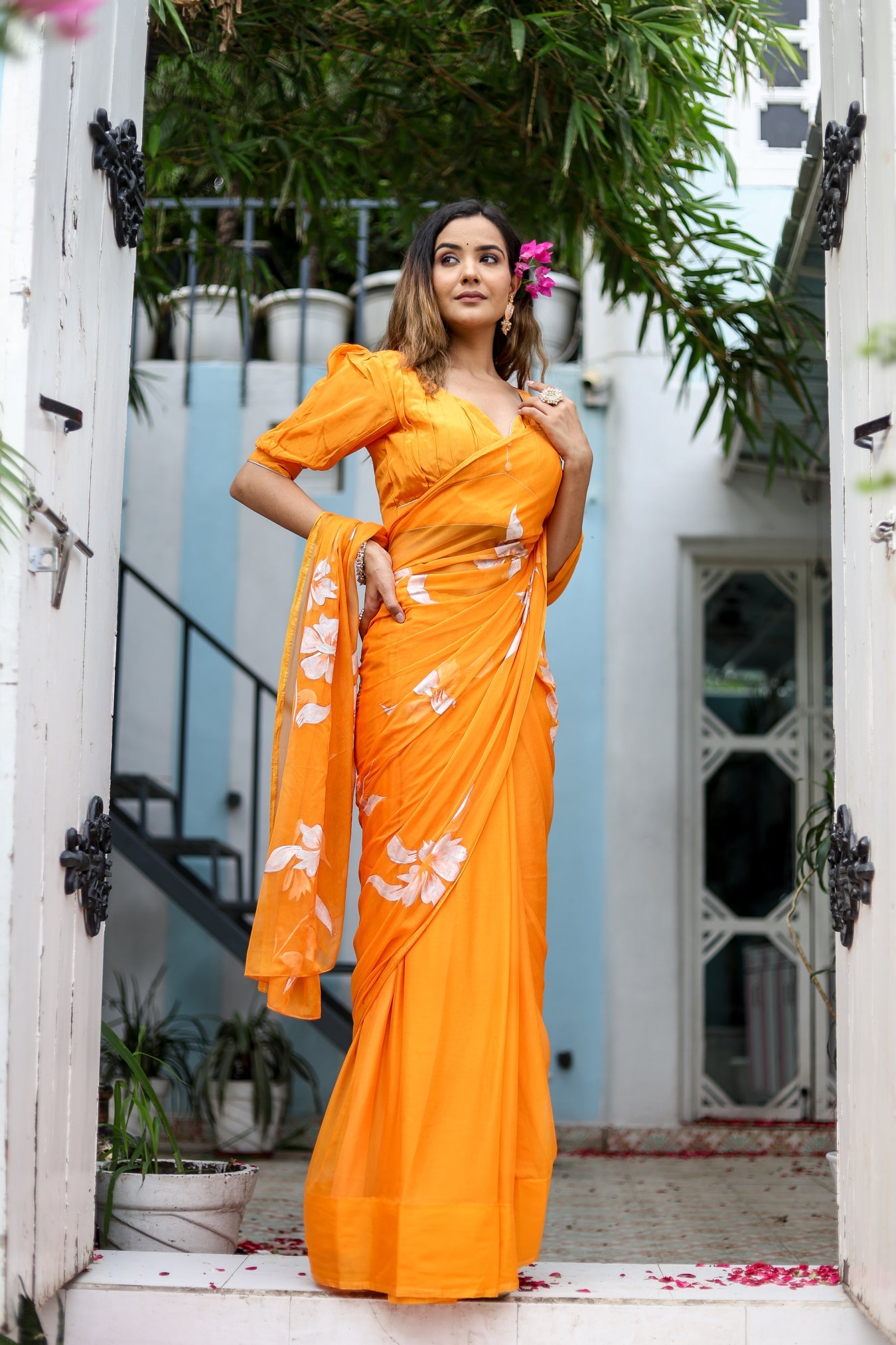 Saffron Sunset Orange Floral Handpainted Chiffon Saree - Festive Clothes