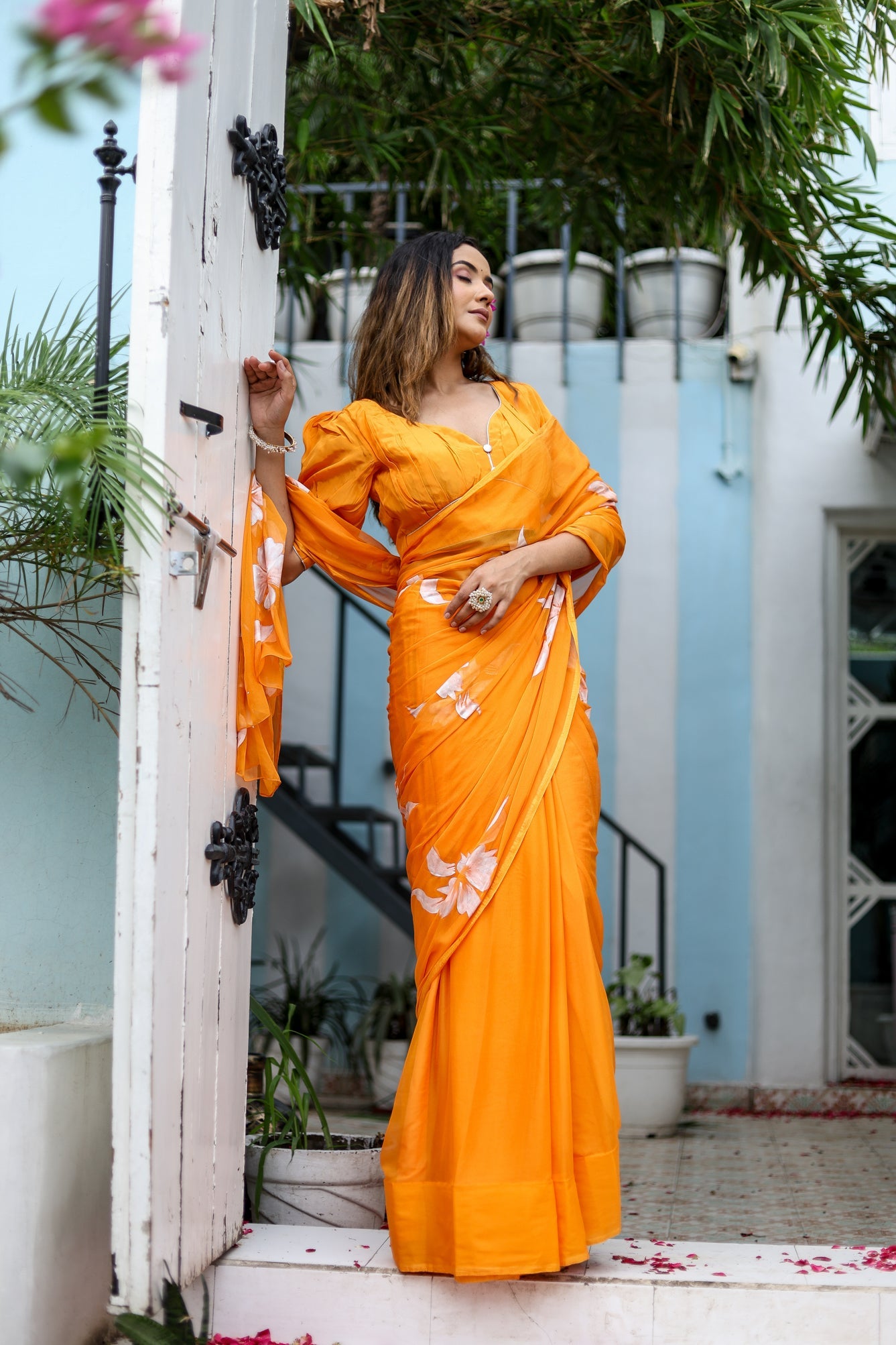 Saffron Sunset Orange Floral Handpainted Chiffon Saree - Festive Clothes