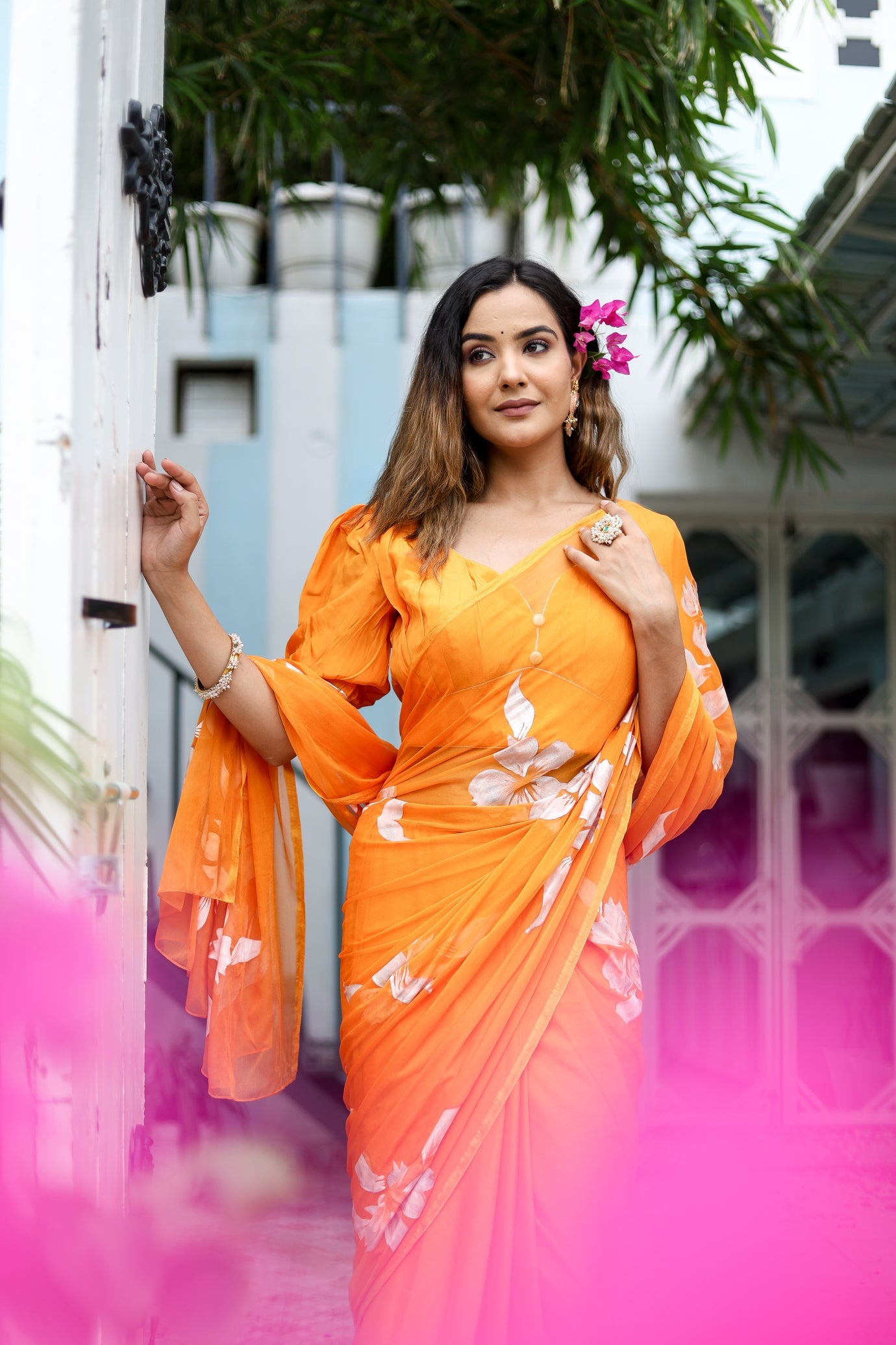Saffron Sunset Orange Floral Handpainted Chiffon Saree - Festive Clothes