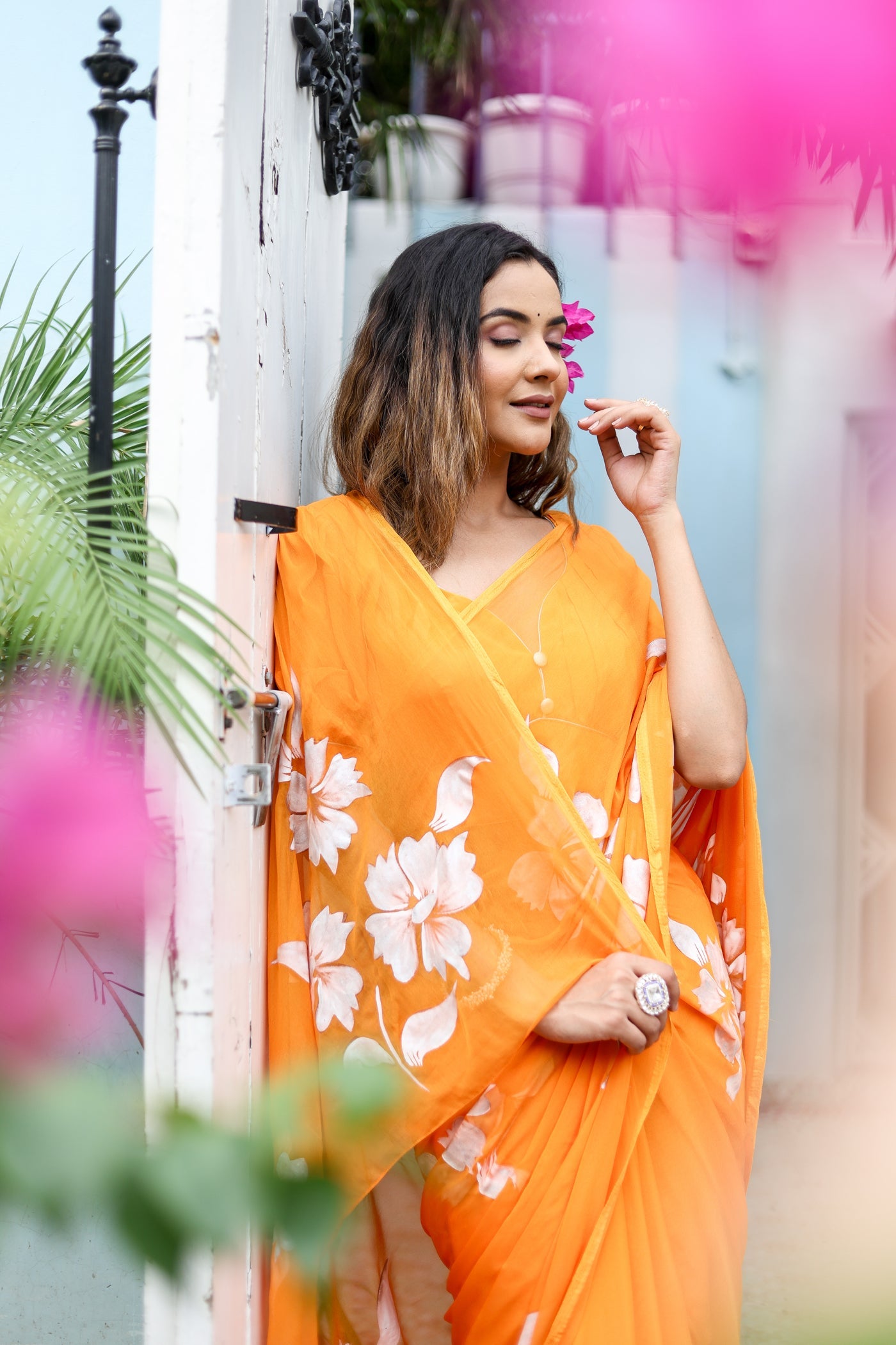 Saffron Sunset Orange Floral Handpainted Chiffon Saree - Festive Clothes