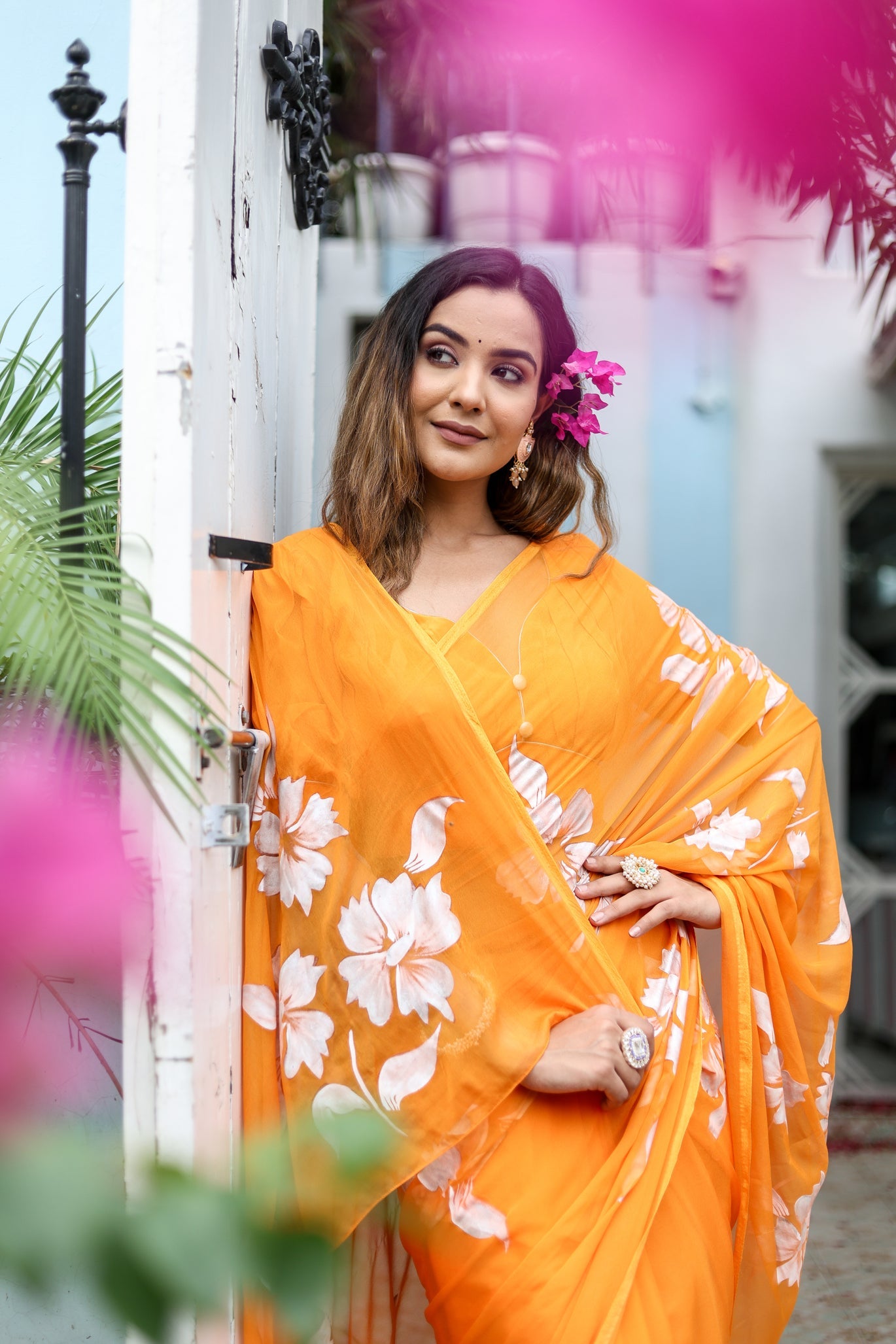 Saffron Sunset Orange Floral Handpainted Chiffon Saree - Festive Clothes