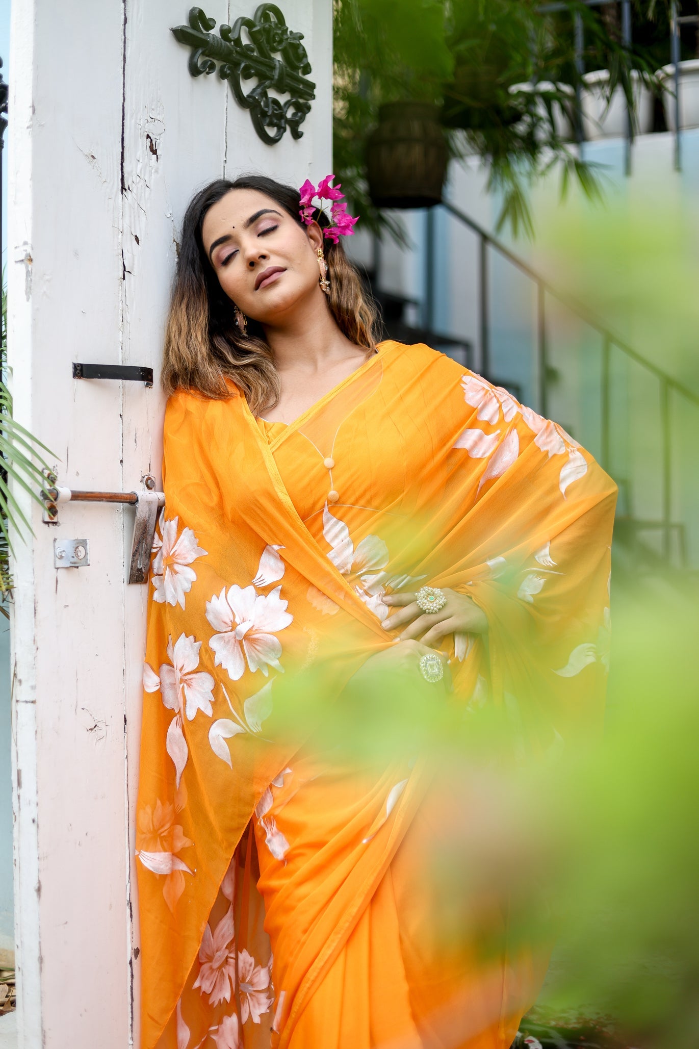 Saffron Sunset Orange Floral Handpainted Chiffon Saree - Festive Clothes