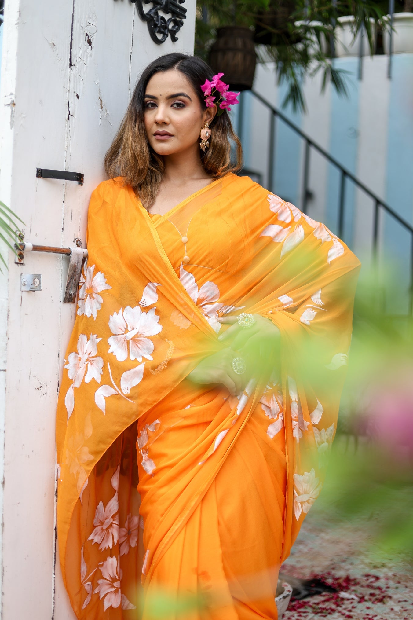 Saffron Sunset Orange Floral Handpainted Chiffon Saree - Festive Clothes