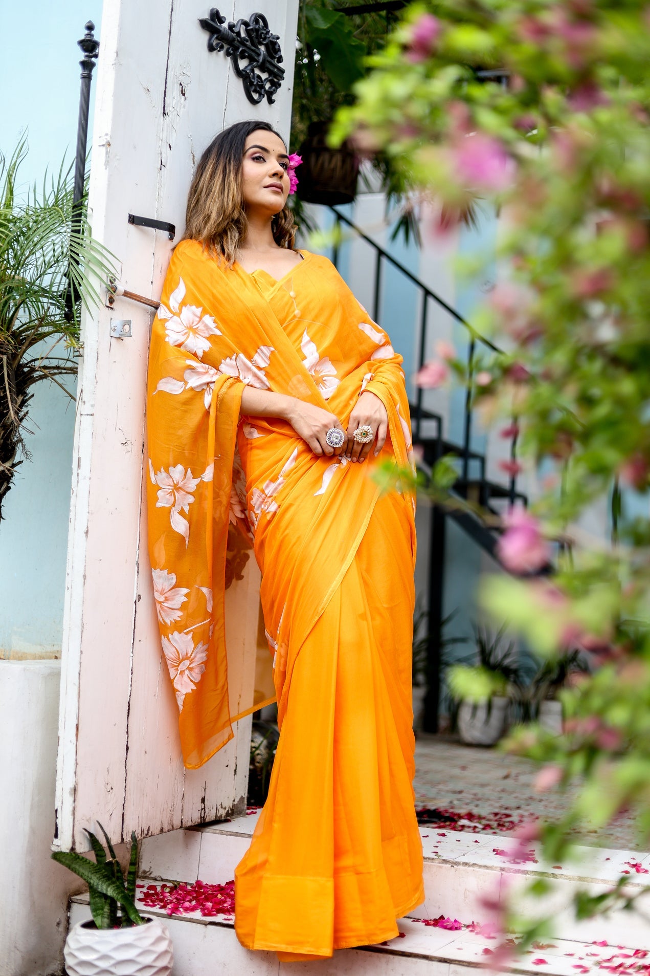 Saffron Sunset Orange Floral Handpainted Chiffon Saree - Festive Clothes