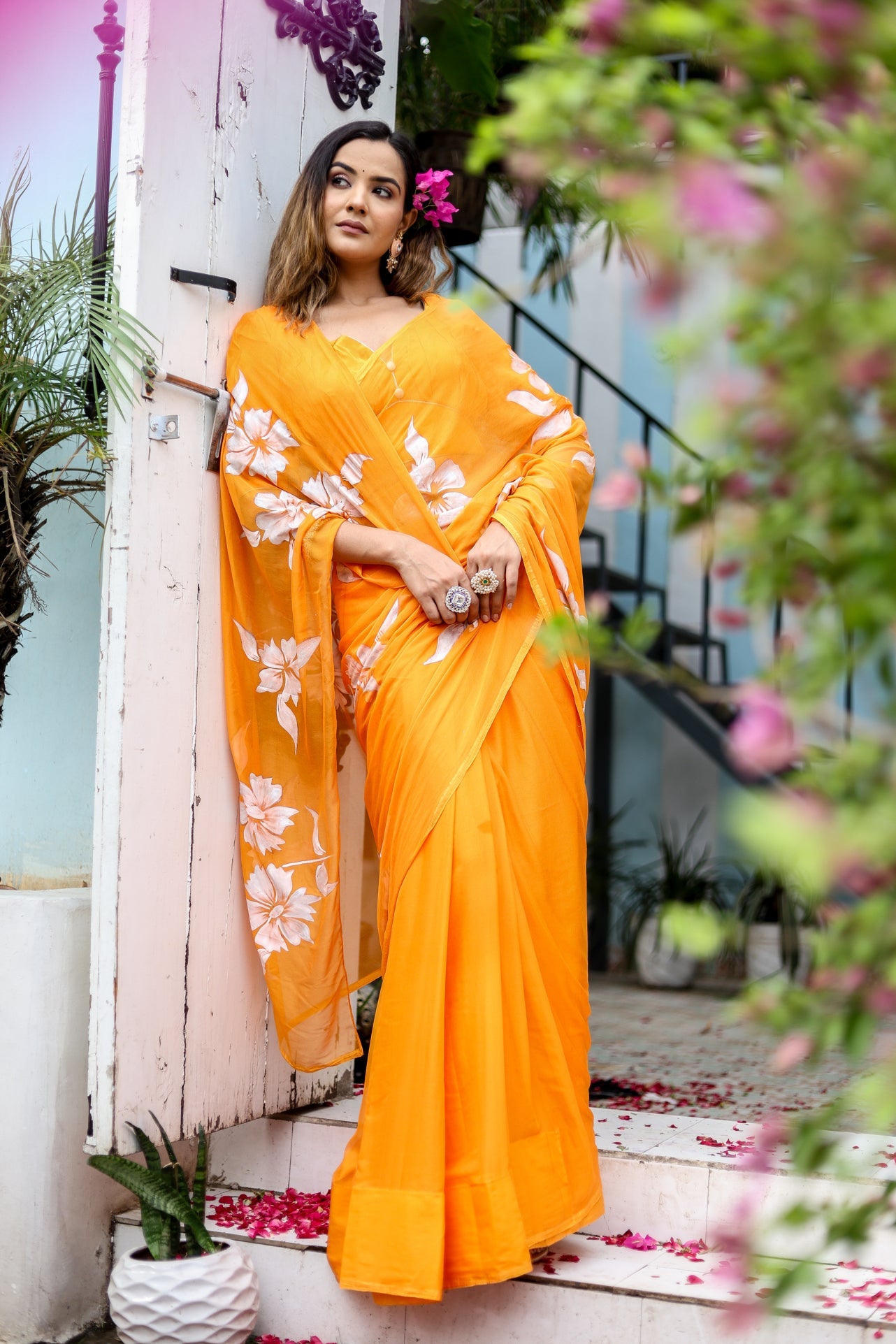 Saffron Sunset Orange Floral Handpainted Chiffon Saree - Festive Clothes