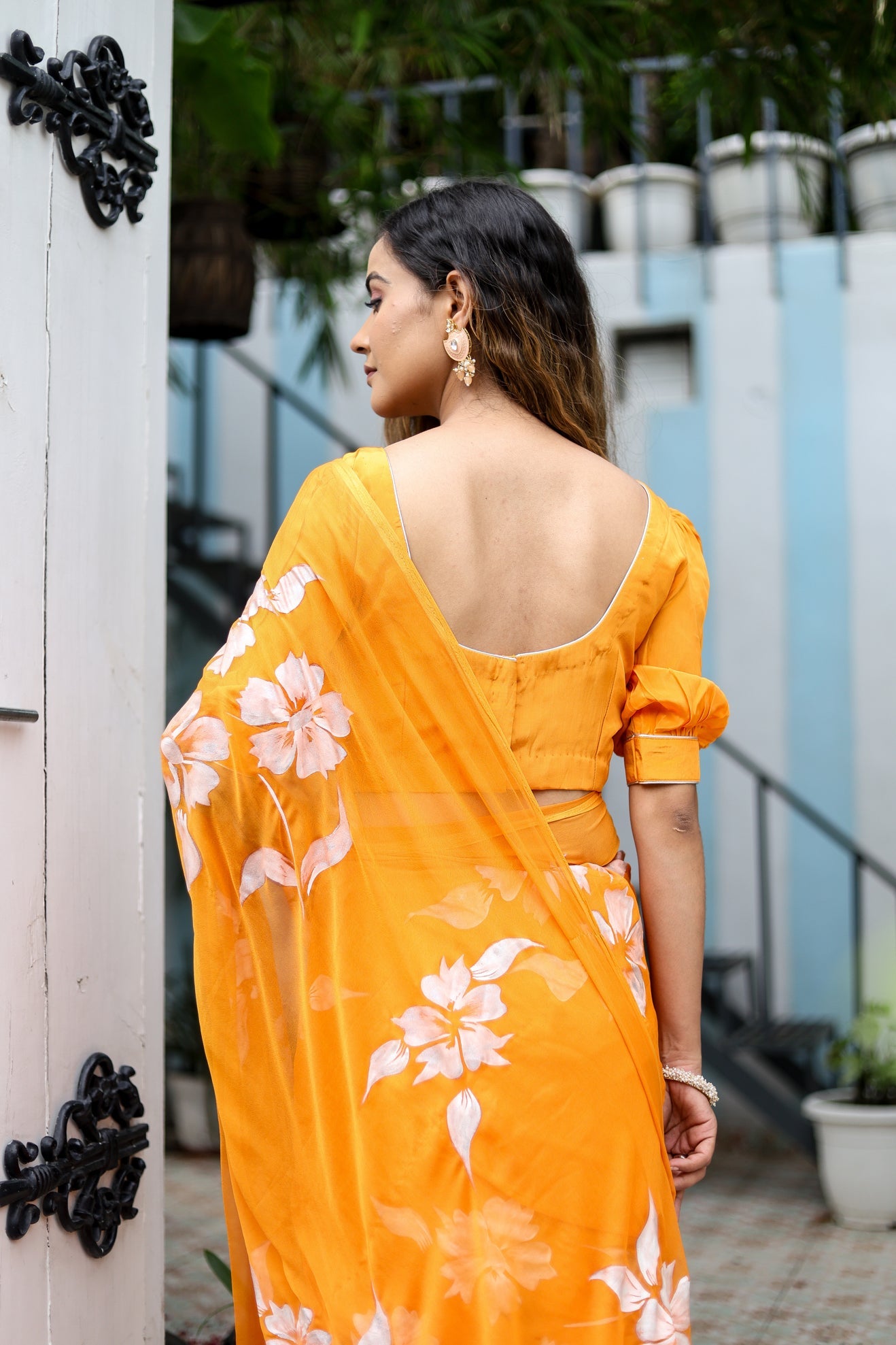 Saffron Sunset Orange Floral Handpainted Chiffon Saree - Festive Clothes