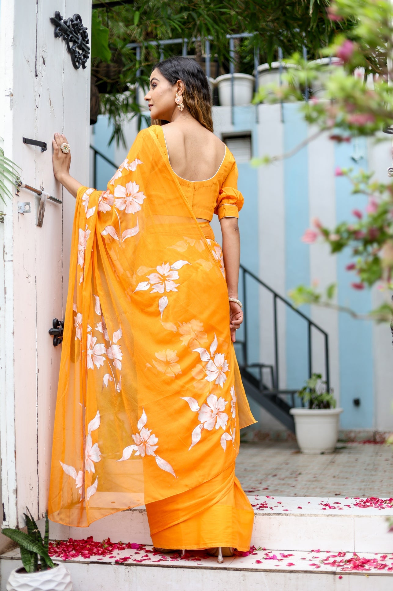 Saffron Sunset Orange Floral Handpainted Chiffon Saree - Festive Clothes