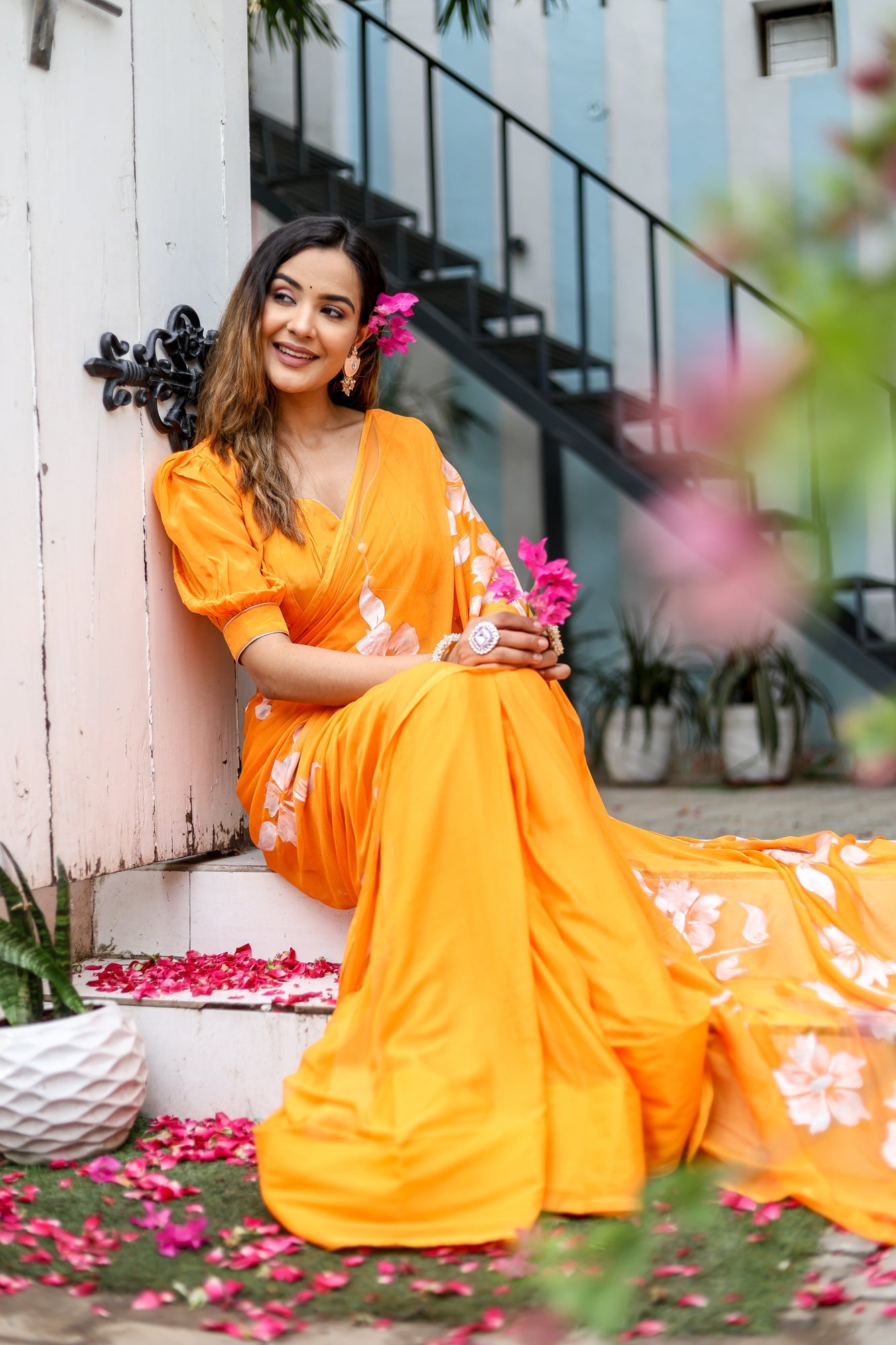 Saffron Sunset Orange Floral Handpainted Chiffon Saree - Festive Clothes