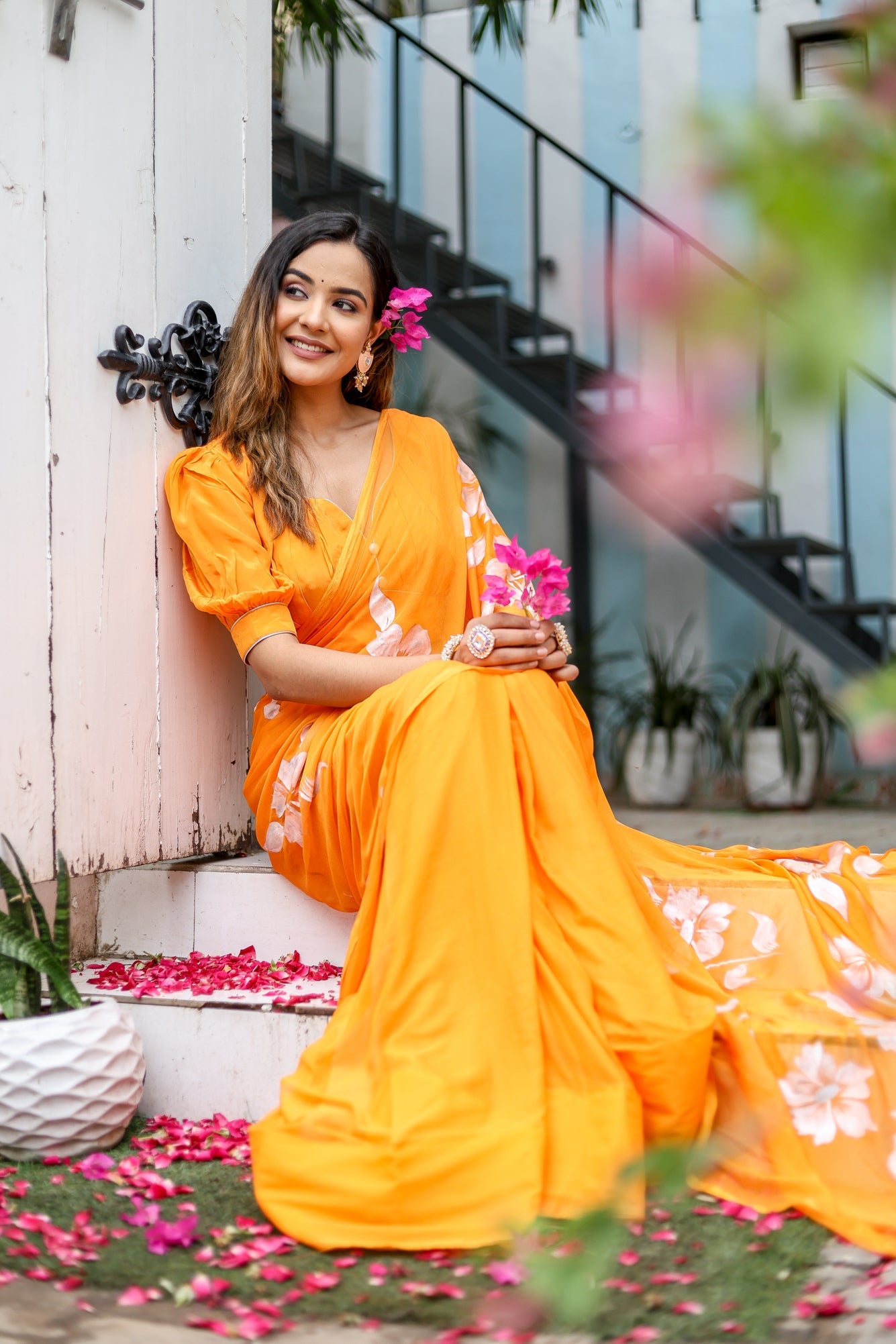 Saffron Sunset Orange Floral Handpainted Chiffon Saree - Festive Clothes