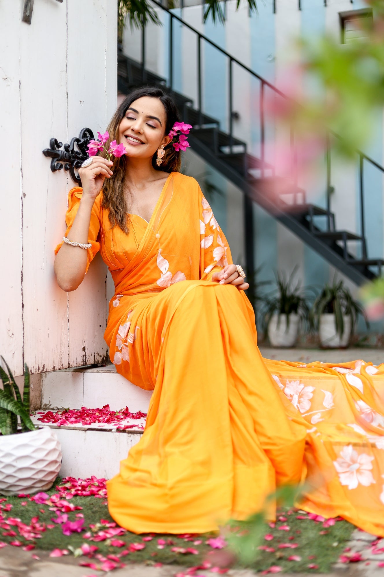Saffron Sunset Orange Floral Handpainted Chiffon Saree - Festive Clothes