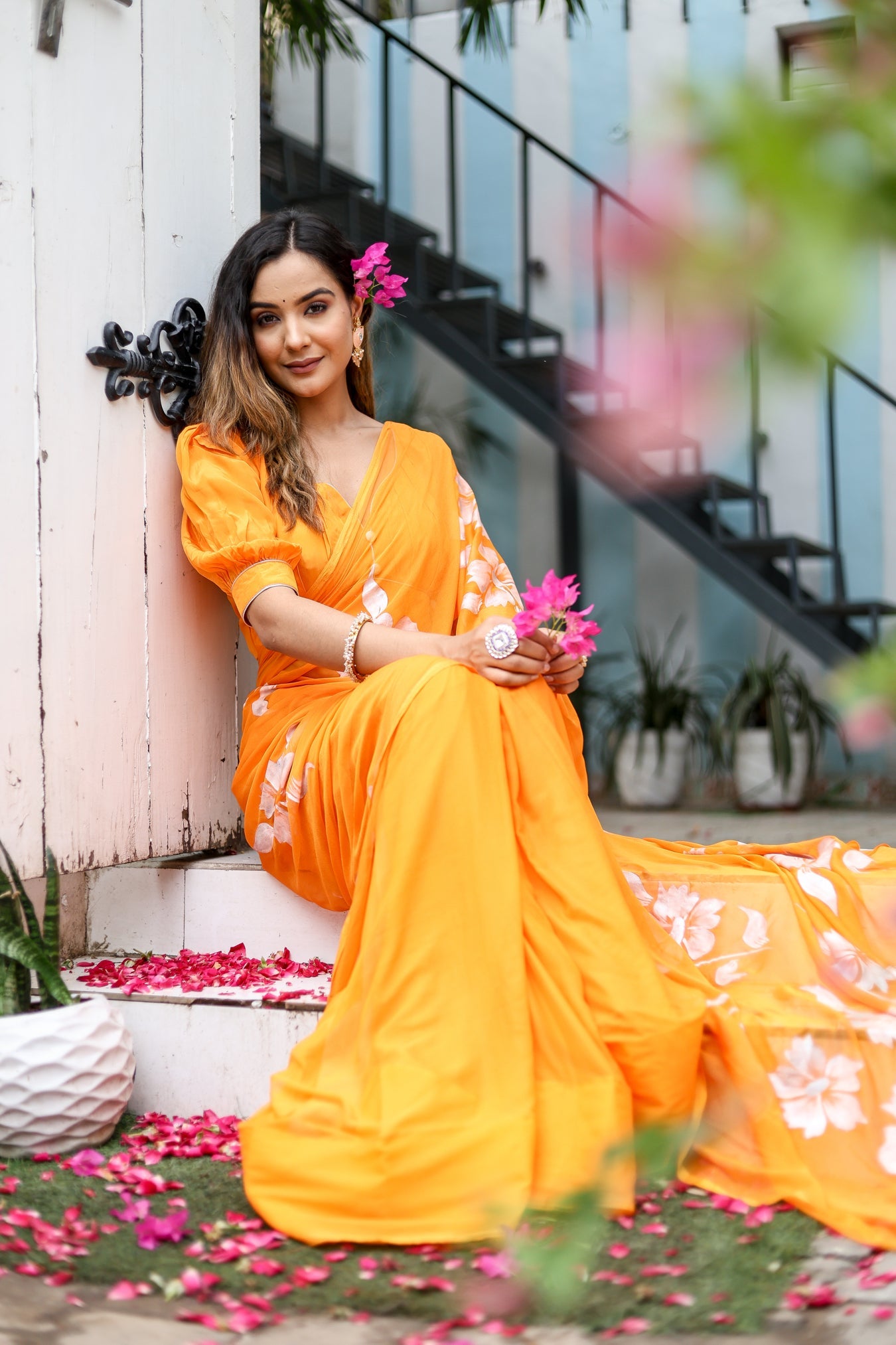 Saffron Sunset Orange Floral Handpainted Chiffon Saree - Festive Clothes