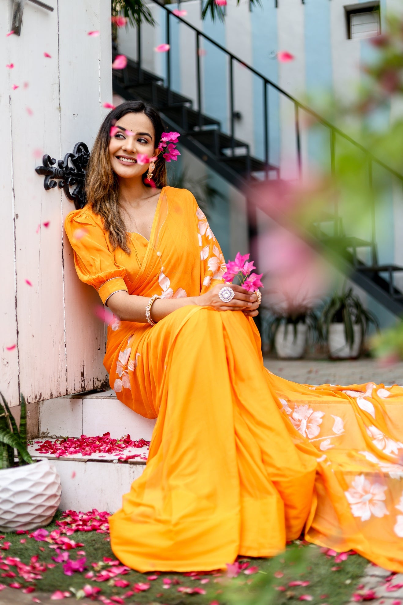 Saffron Sunset Orange Floral Handpainted Chiffon Saree - Festive Clothes