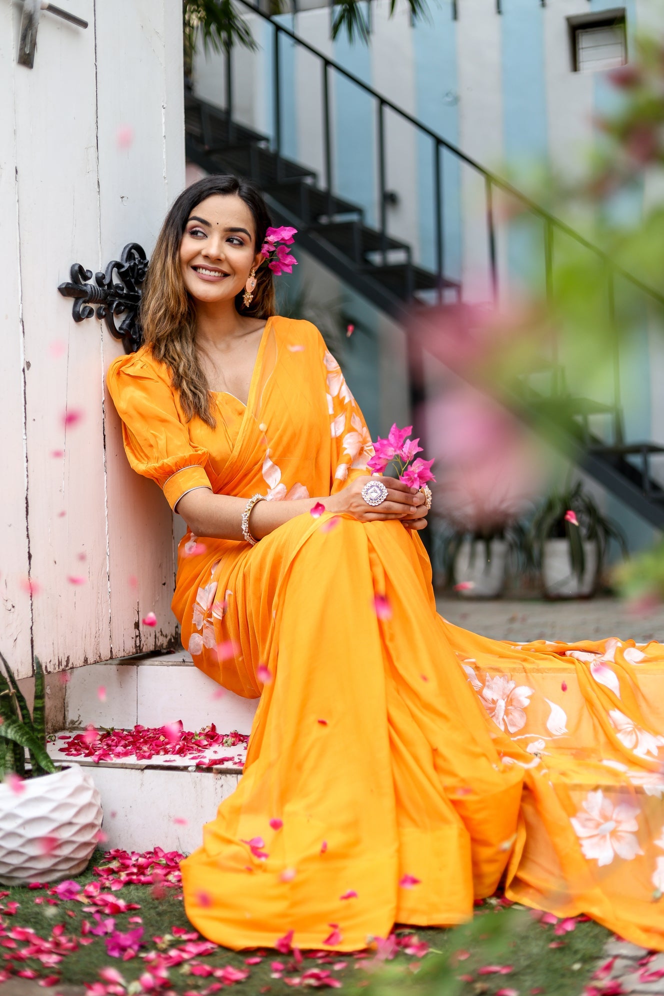 Saffron Sunset Orange Floral Handpainted Chiffon Saree - Festive Clothes