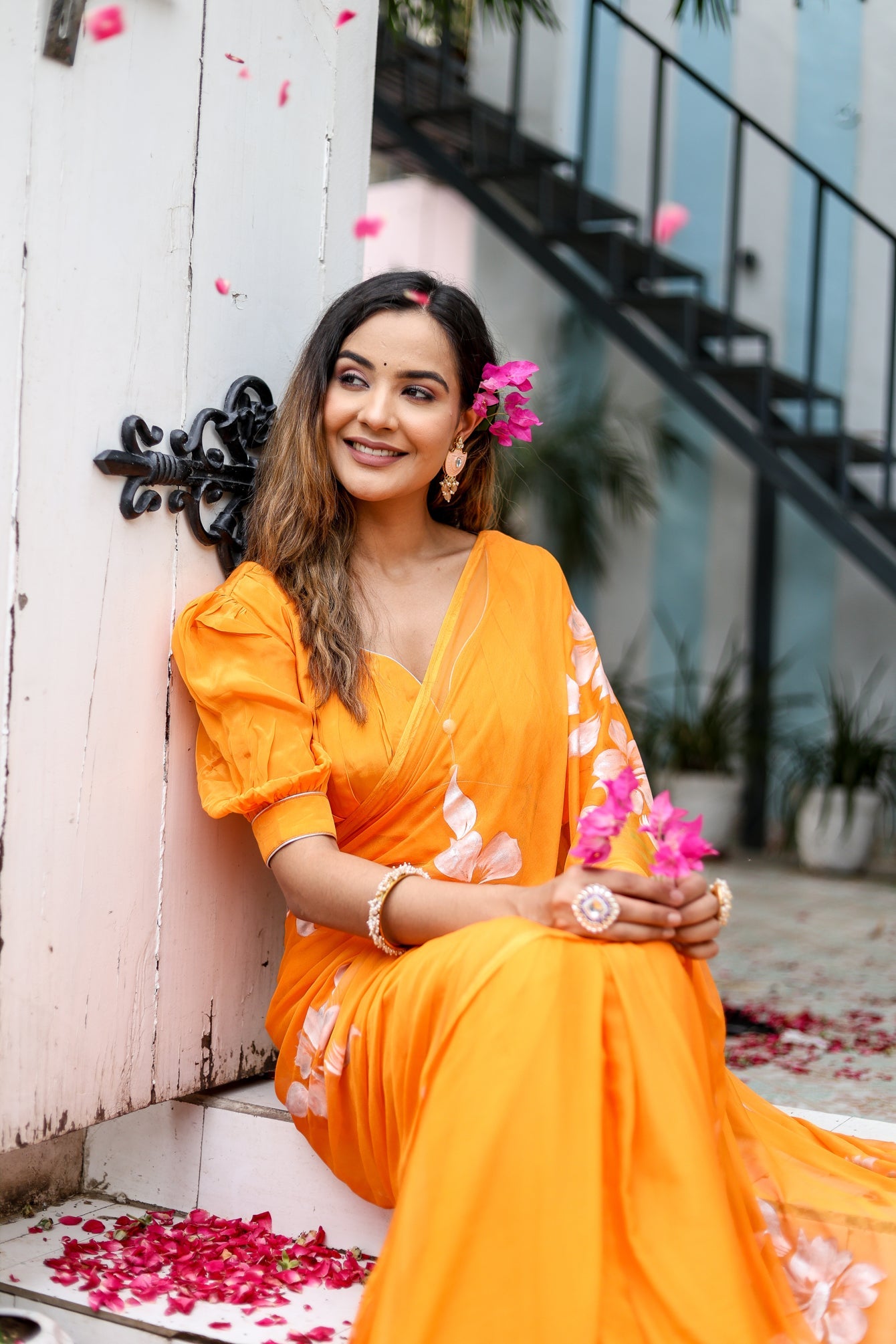 Saffron Sunset Orange Floral Handpainted Chiffon Saree - Festive Clothes