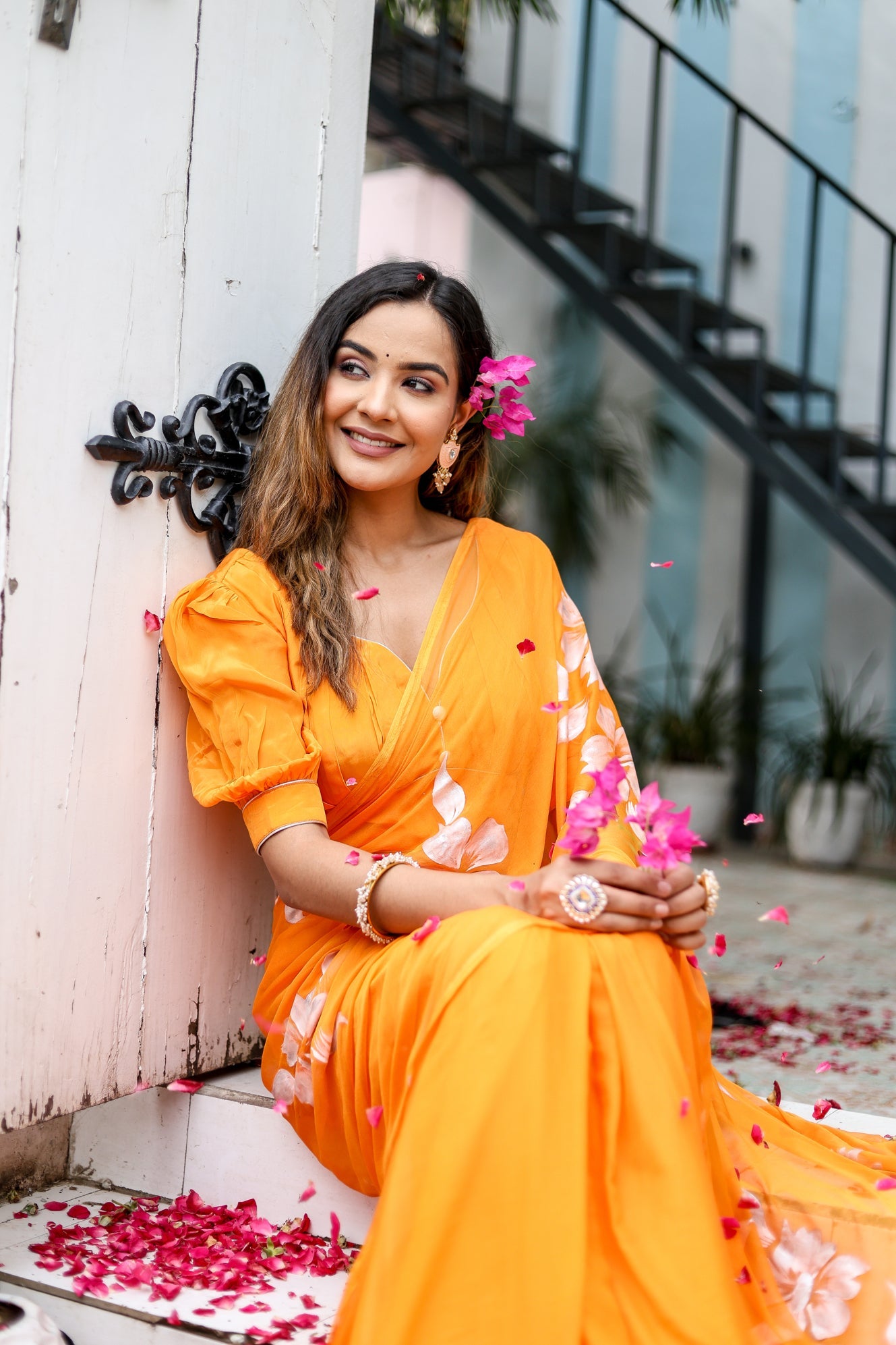 Saffron Sunset Orange Floral Handpainted Chiffon Saree - Festive Clothes