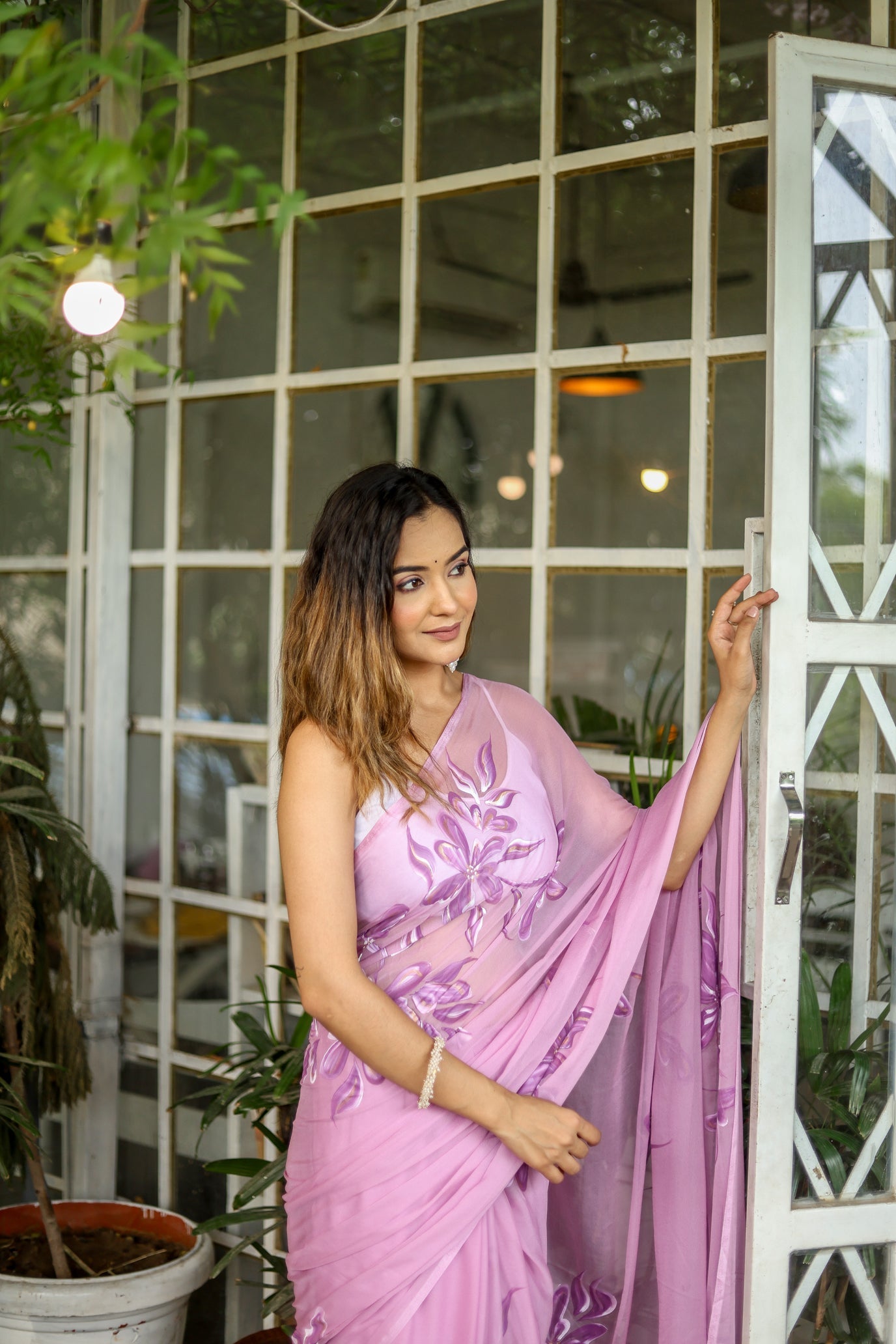 Artistic Pink Chiffon Handpainted Saree Floral