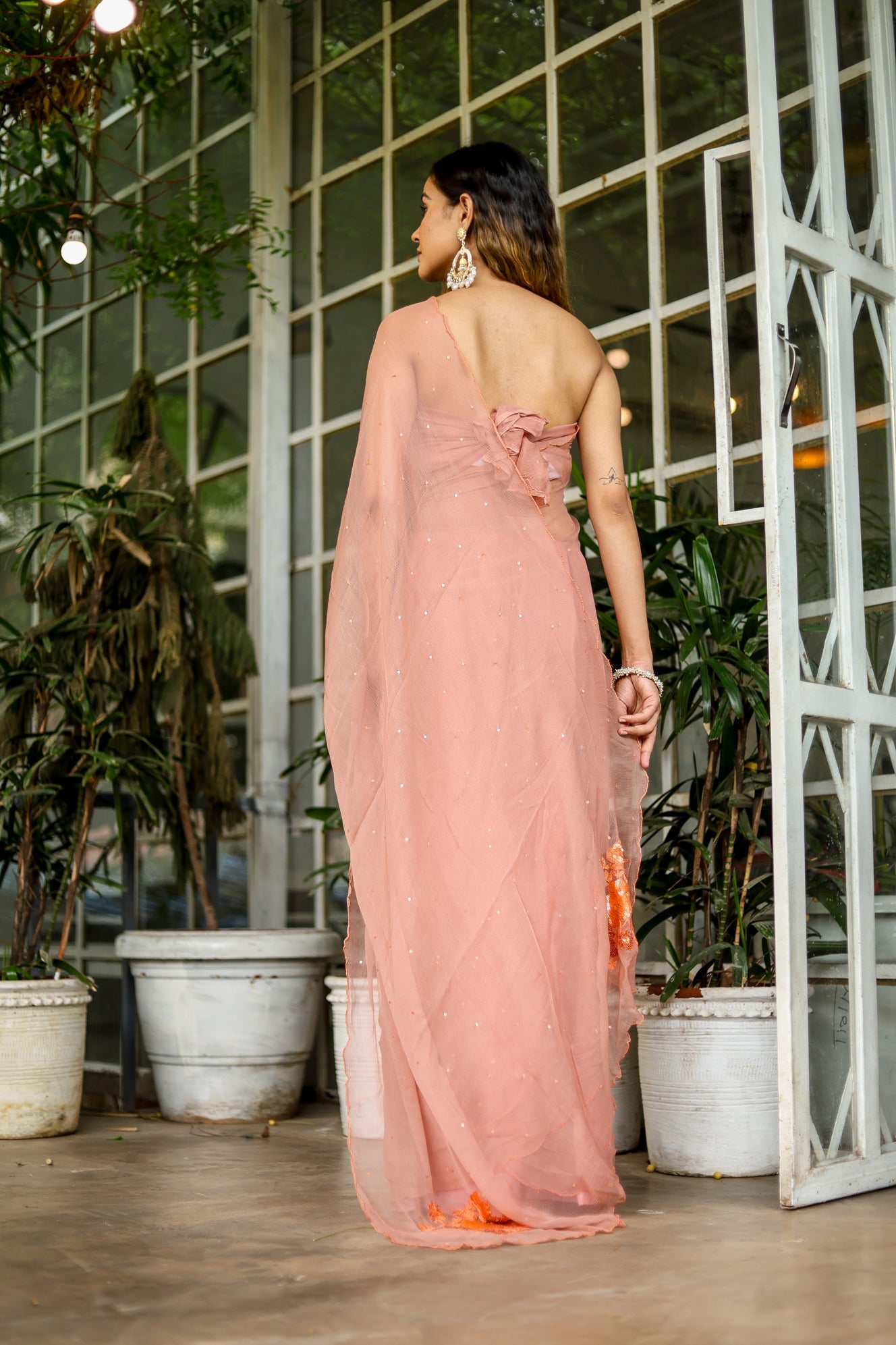 Enchanting Peach Chiffon Hand Embroidered Saree Nature Inspired