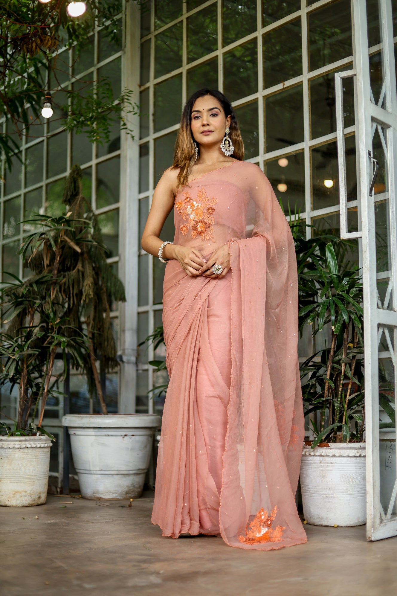 Enchanting Peach Chiffon Hand Embroidered Saree Nature Inspired