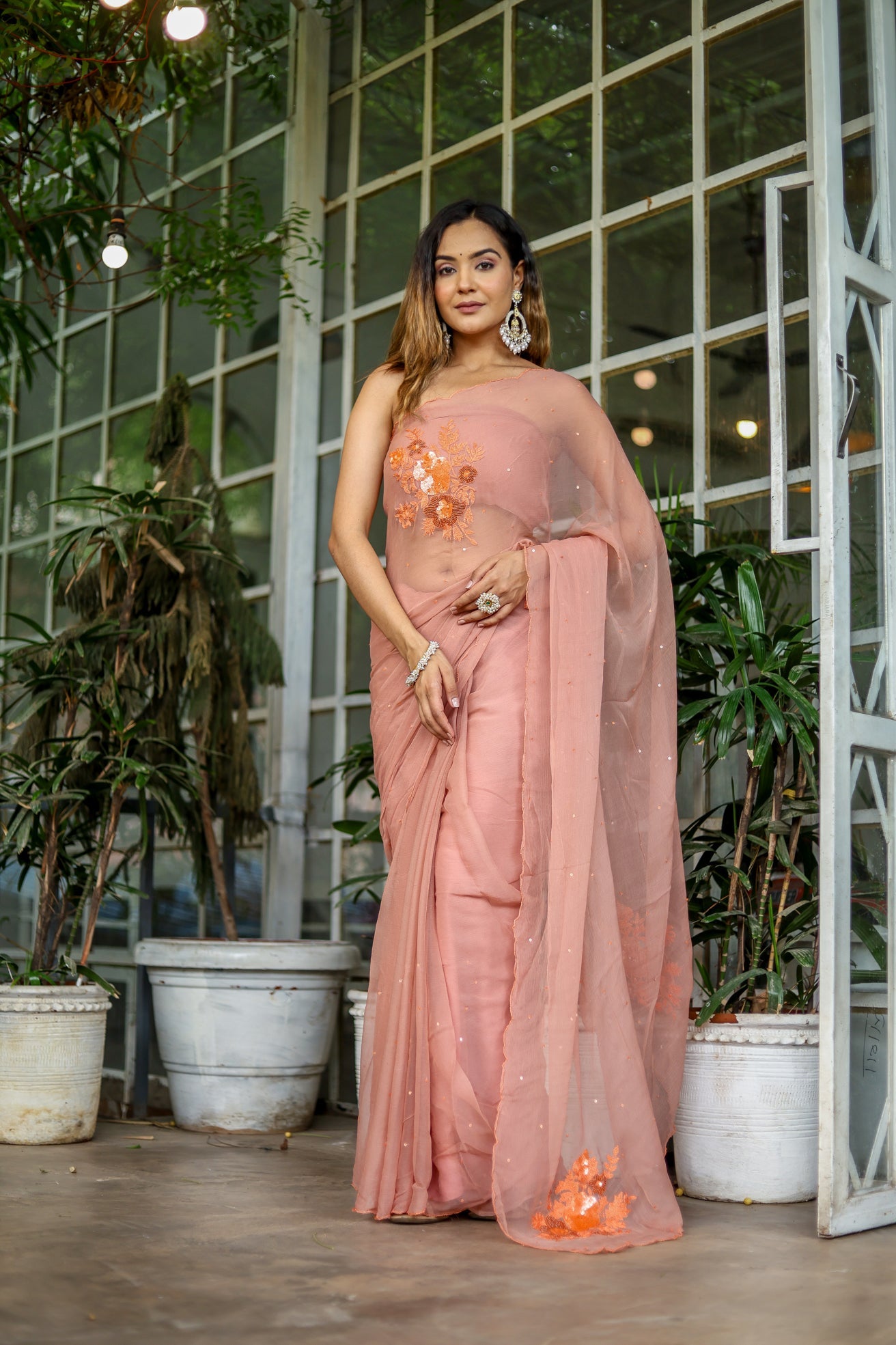 Enchanting Peach Chiffon Hand Embroidered Saree Nature Inspired
