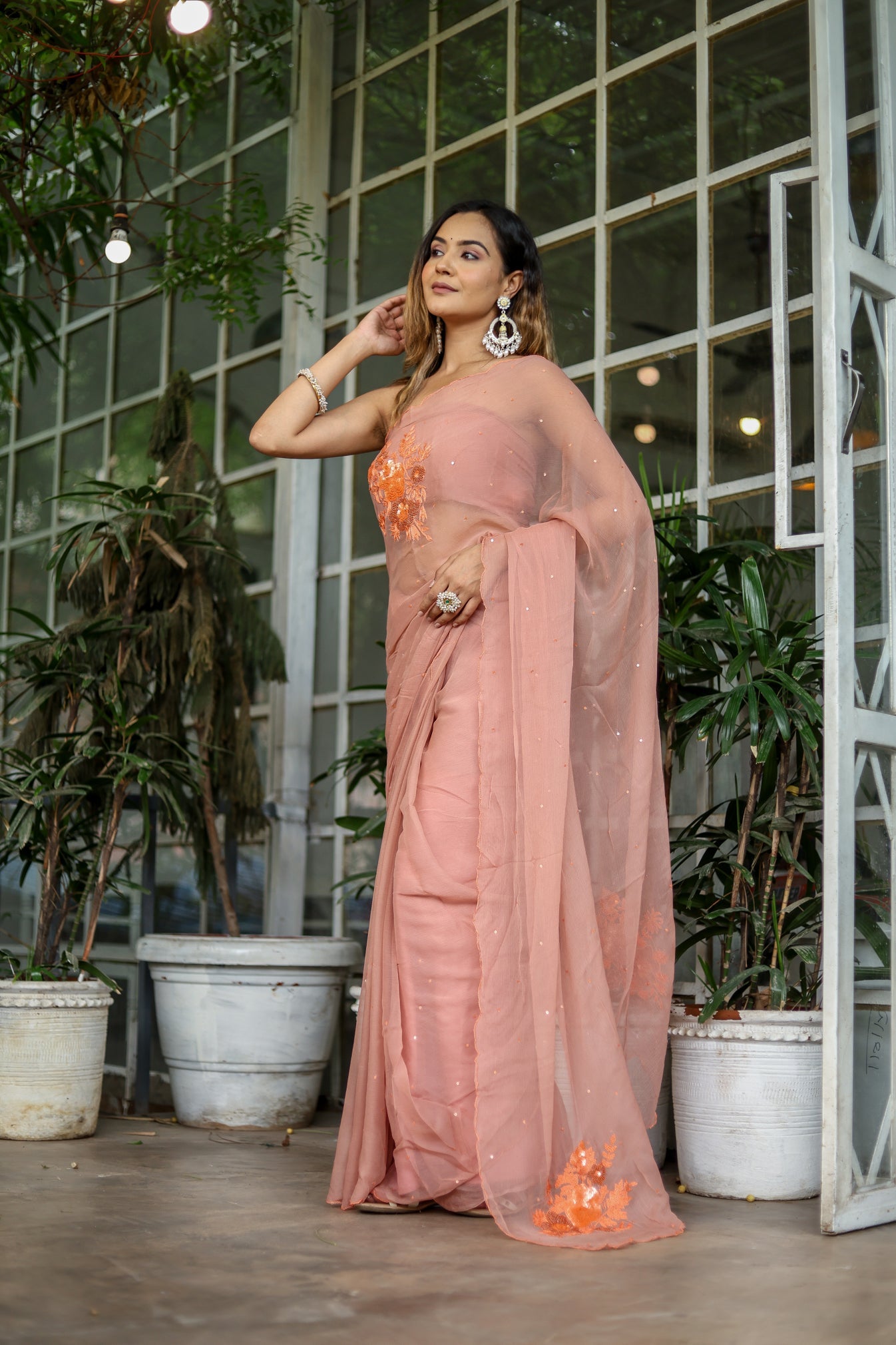 Enchanting Peach Chiffon Hand Embroidered Saree Nature Inspired