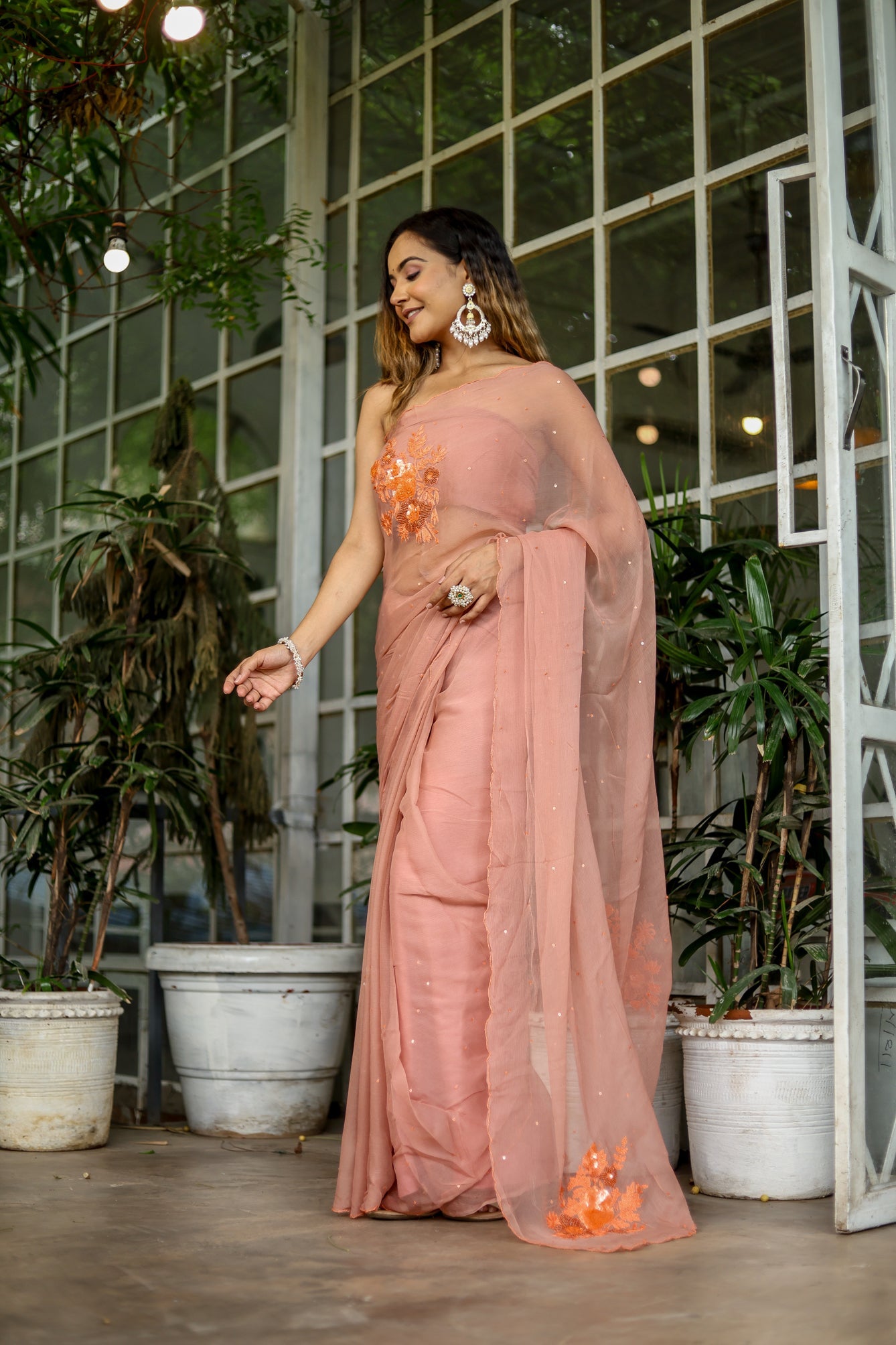 Enchanting Peach Chiffon Hand Embroidered Saree Nature Inspired